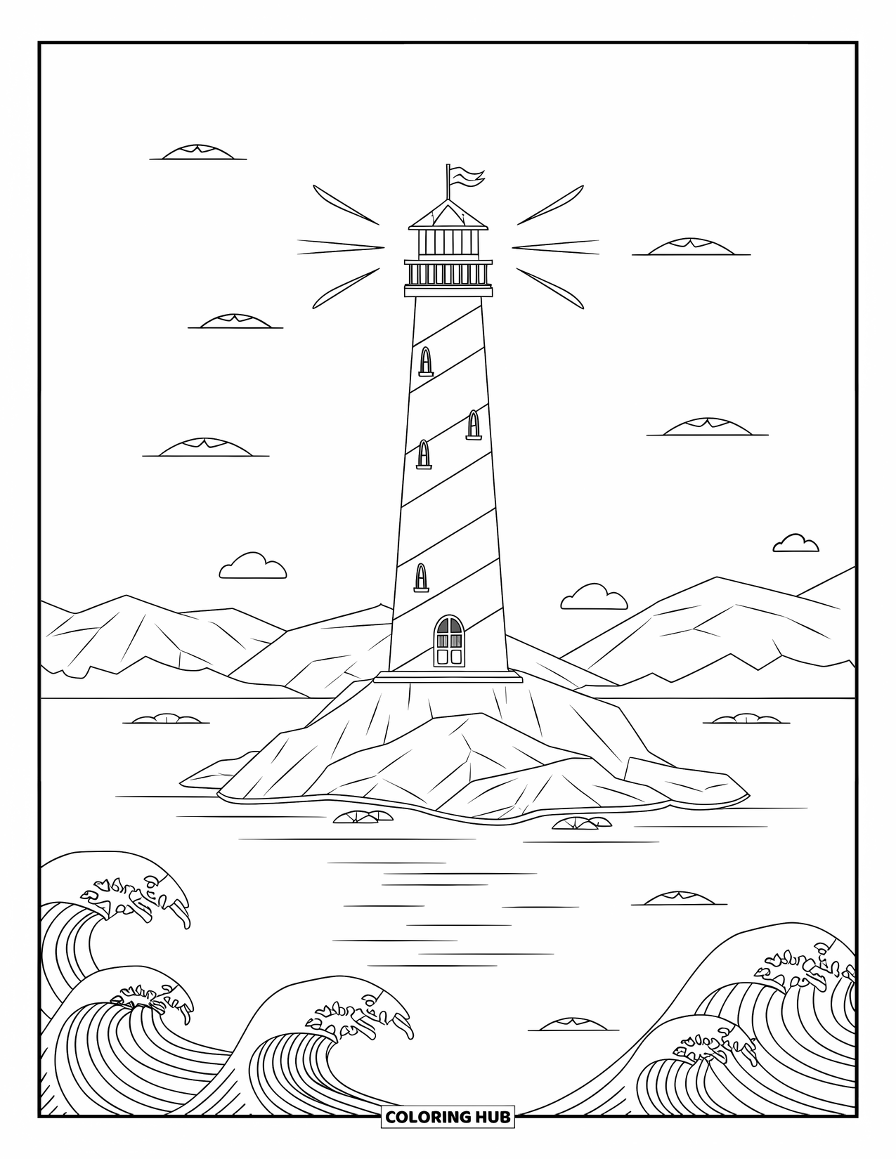 Dibujo de faro para colorear para niños: Un faro a rayas se alza sobre una isla rocosa, rodeado de olas suaves y un cielo vasto