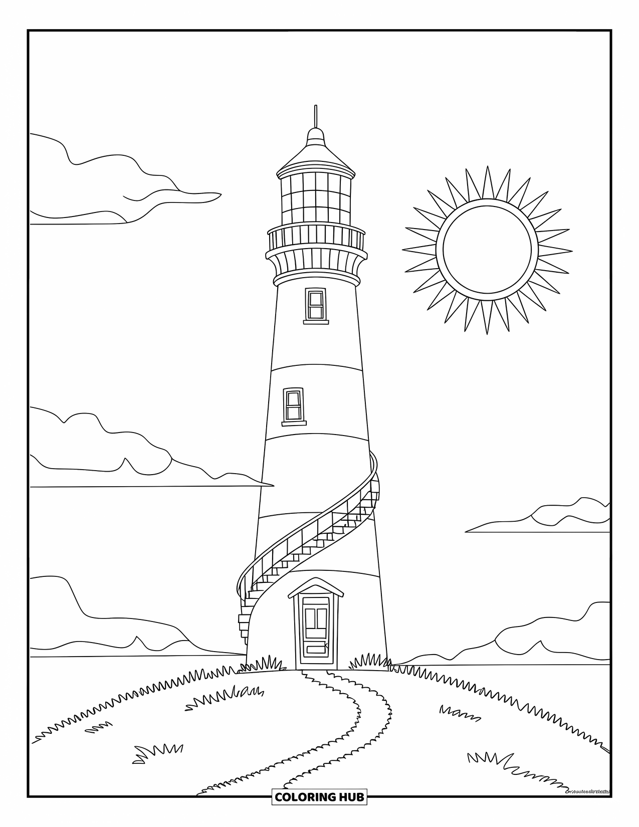 Dibujo de faro para colorear para niños: Un faro alto con una luz brillante se alza sobre una colina cubierta de hierba, bajo un sol brillante