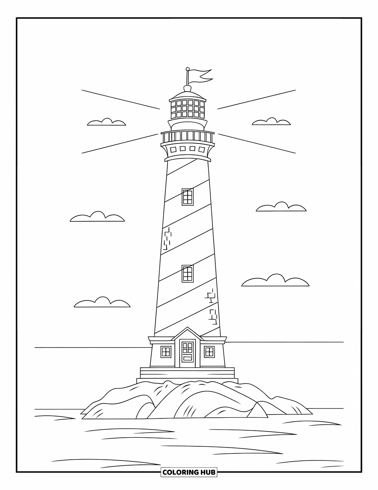 Dibujo de faro para colorear para niños: Un faro imponente con una bandera en la parte superior se alza desde un afloramiento rocoso en el mar