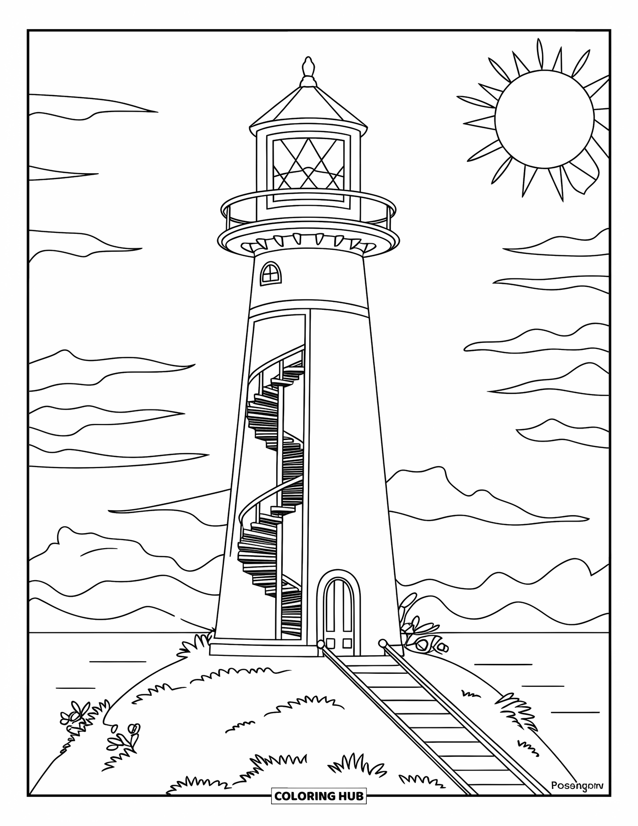 Dibujo de faro para colorear para niños: Un faro imponente con una escalera de caracol se alza sobre una colina, enmarcado por el sol y las nubes