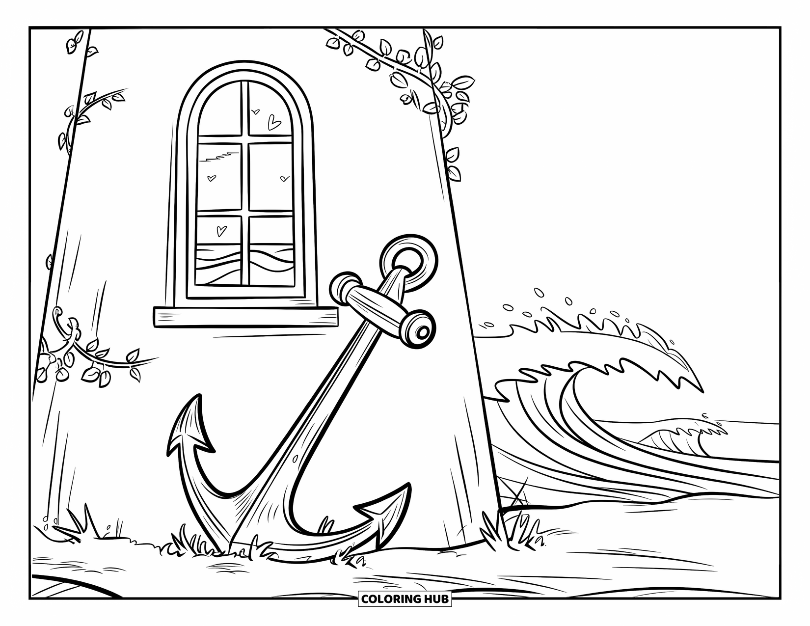 Dibujo de faro para colorear para niños: Un faro desgastado con un ancla se inclina contra la brisa marina y las olas rompientes