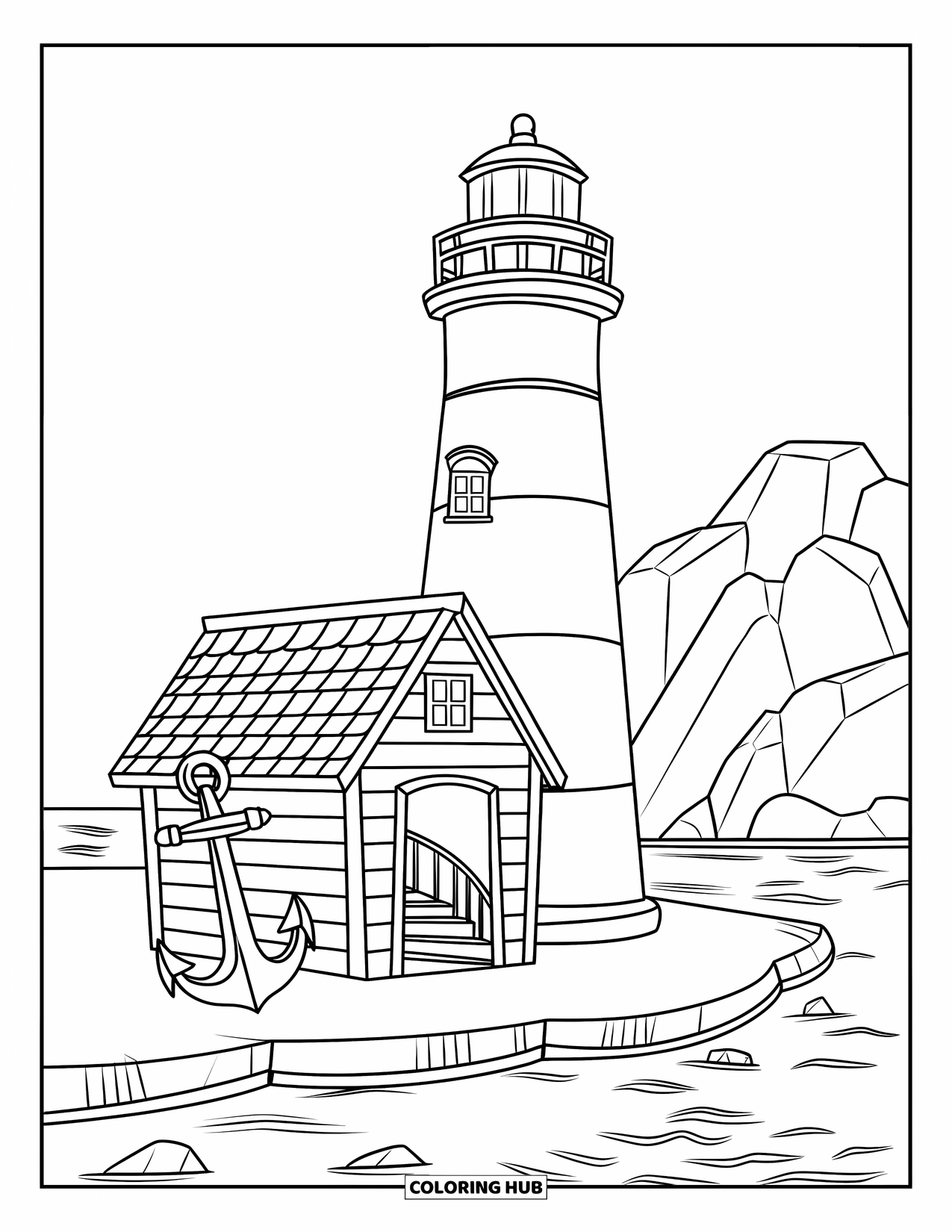 Dibujo de faro para colorear para niños: Un ancla vieja descansa fuera de una humilde cabaña cerca del imponente faro junto al mar