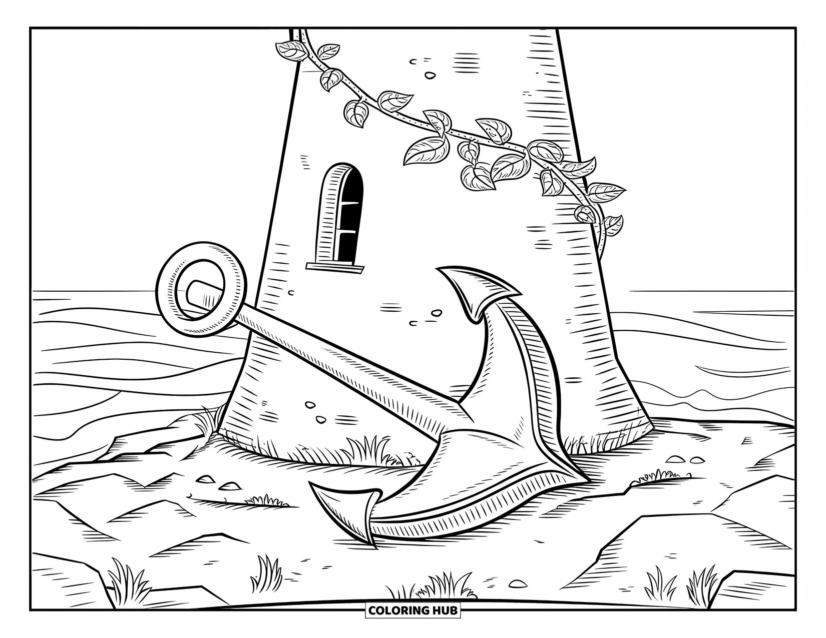 Dibujo de faro para colorear para niños: Un faro viejo con enredaderas y un ancla oxidada se alza contra el telón de fondo de olas ondulantes