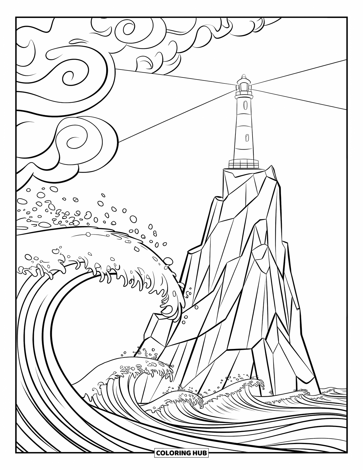 Dibujo de faro para colorear para niños: Olas tormentosas golpean contra el imponente faro, encaramado al borde de un acantilado rocoso