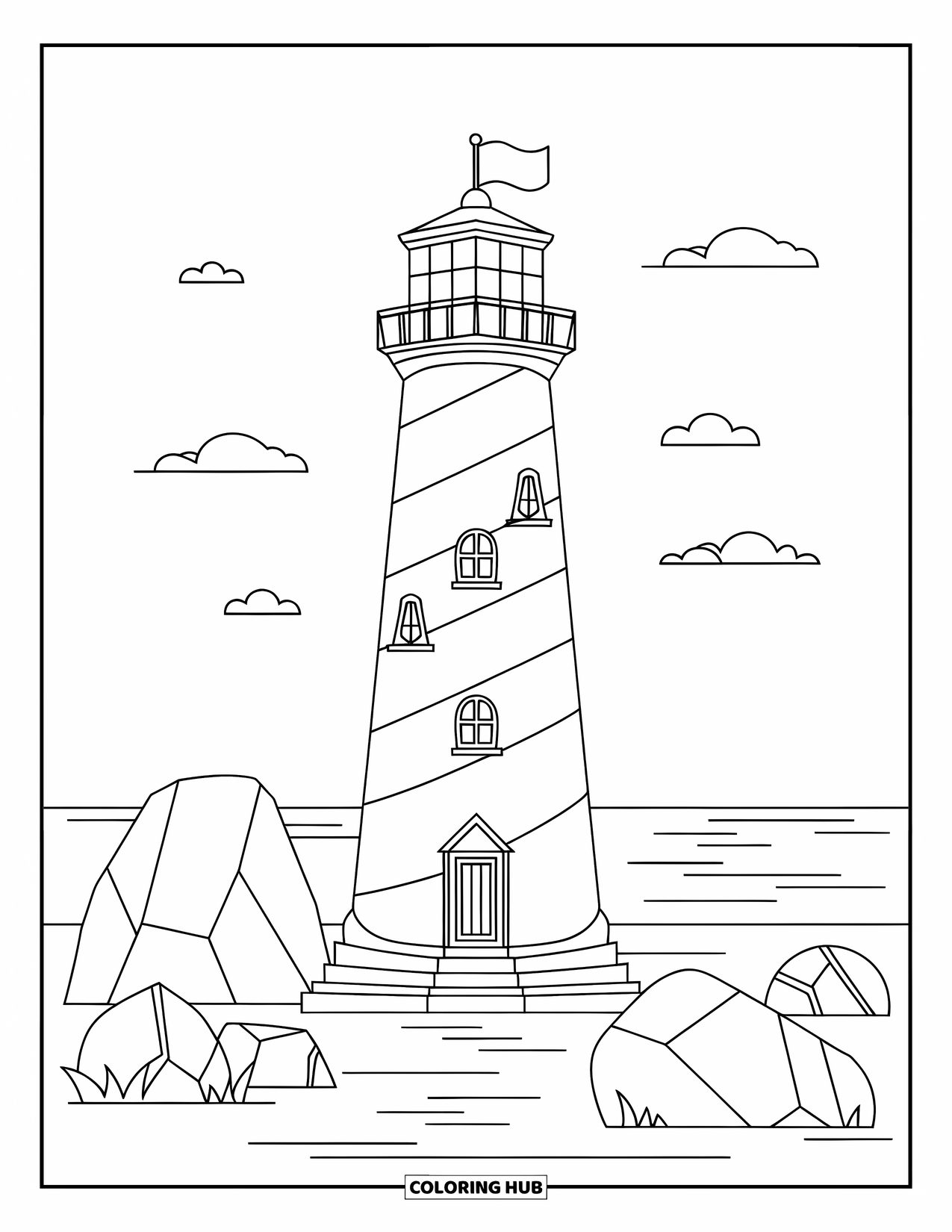 Dibujo de faro para colorear para niños: A rayas con patrones llamativos, el faro se alza contra un mar tranquilo con nubes flotantes cerca