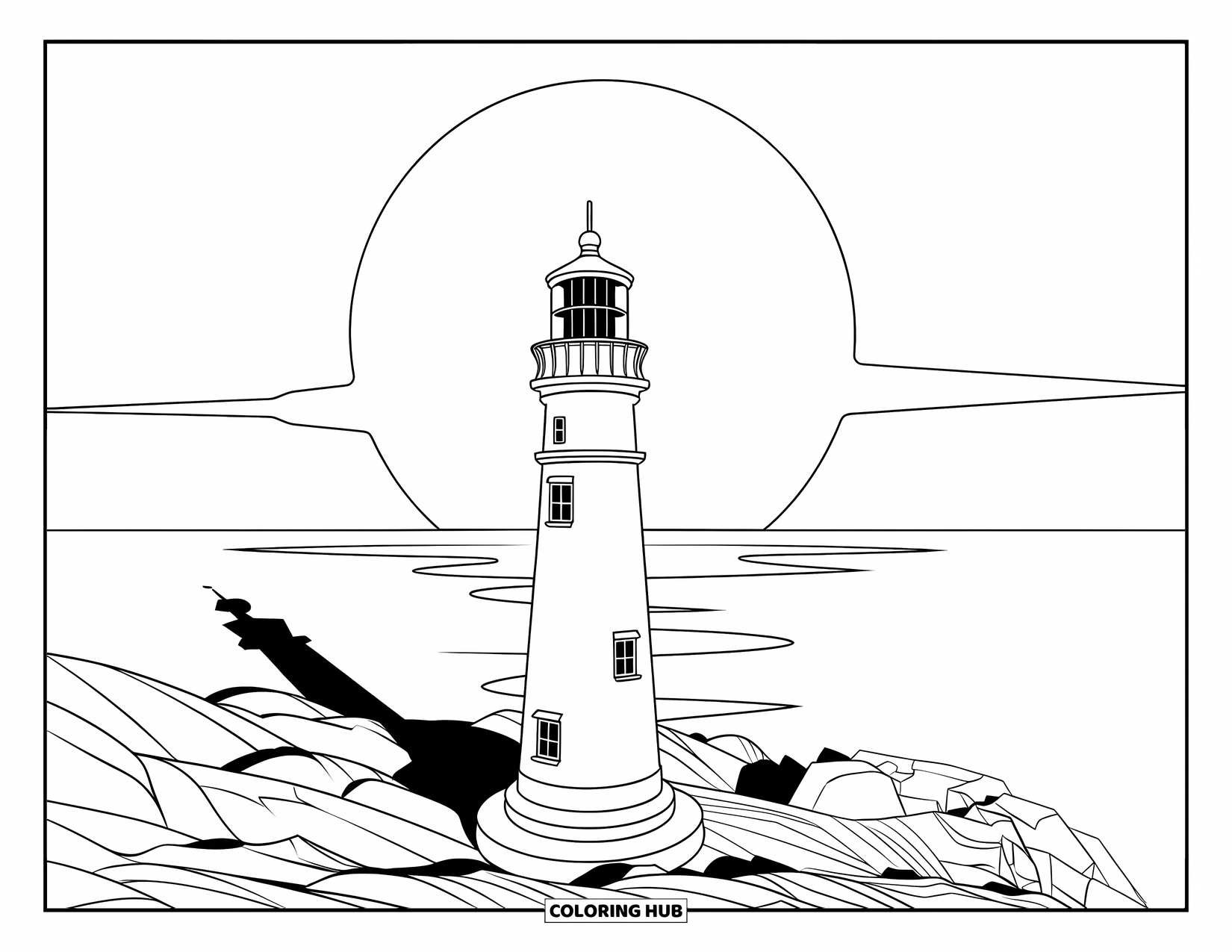Dibujo de faro para colorear para niños: El faro proyecta una larga sombra mientras la luna poniente ilumina el vasto horizonte oceánico