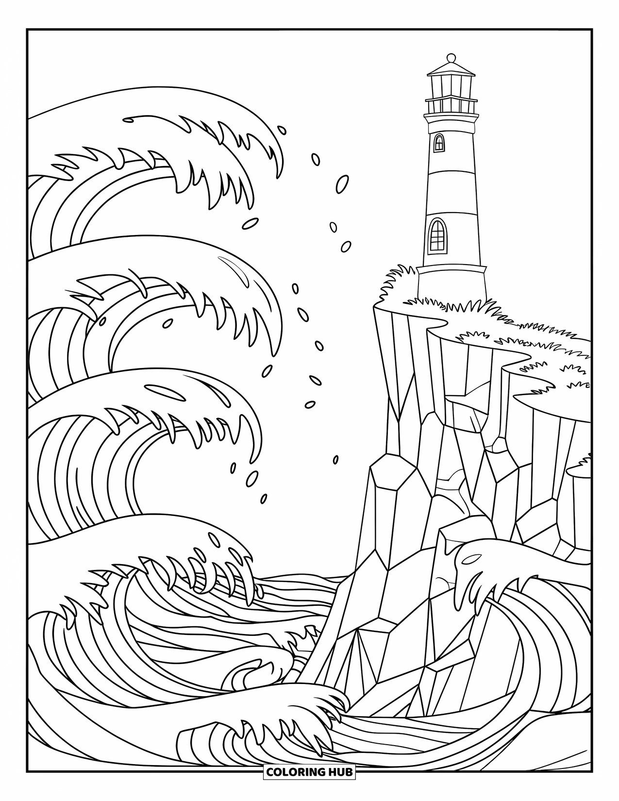 Dibujo de faro para colorear para niños: El faro se mantiene firme en un alto acantilado mientras las olas del océano se elevan debajo