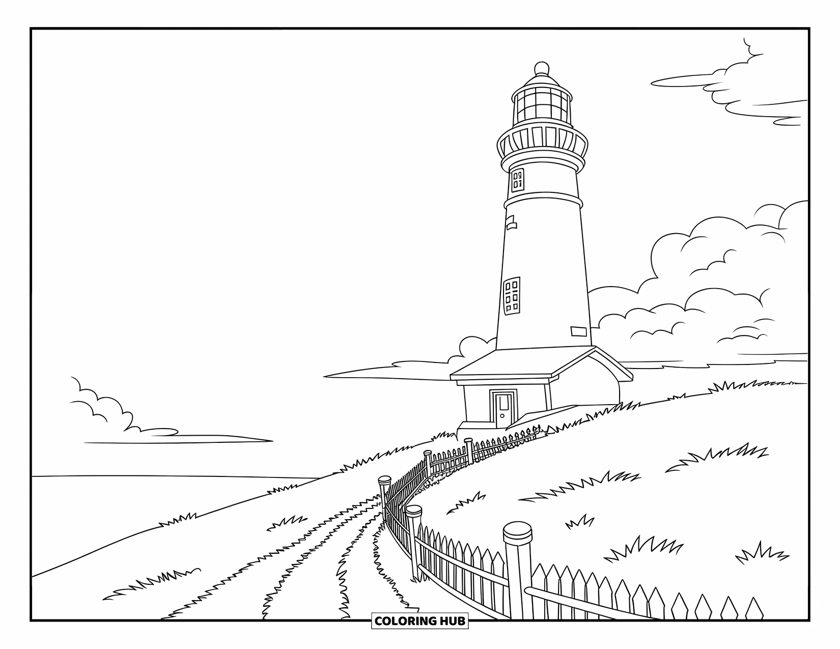 Dibujo de faro para colorear para niños: El faro se alza sobre una colina tranquila, rodeado por una cerca de madera y un camino de tierra