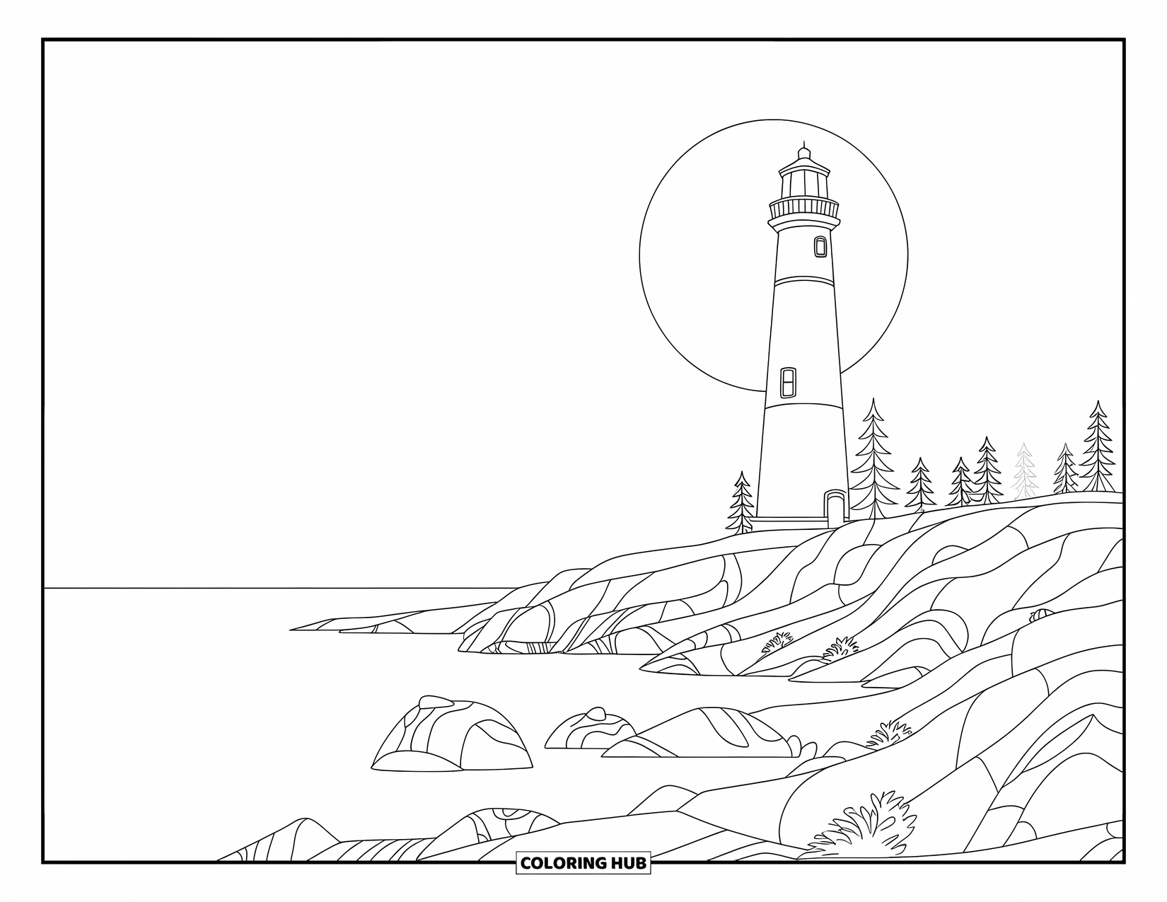Dibujo de faro para colorear para niños: El faro se alza alto contra una luna llena enorme, iluminando la costa rocosa