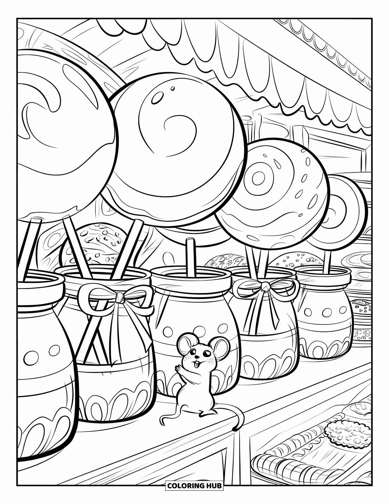 Lolly Kleurplaat voor Volwassenen: Een bakkerij gevuld met extra grote lolly's, met een speelse muis die er een probeert te pakken