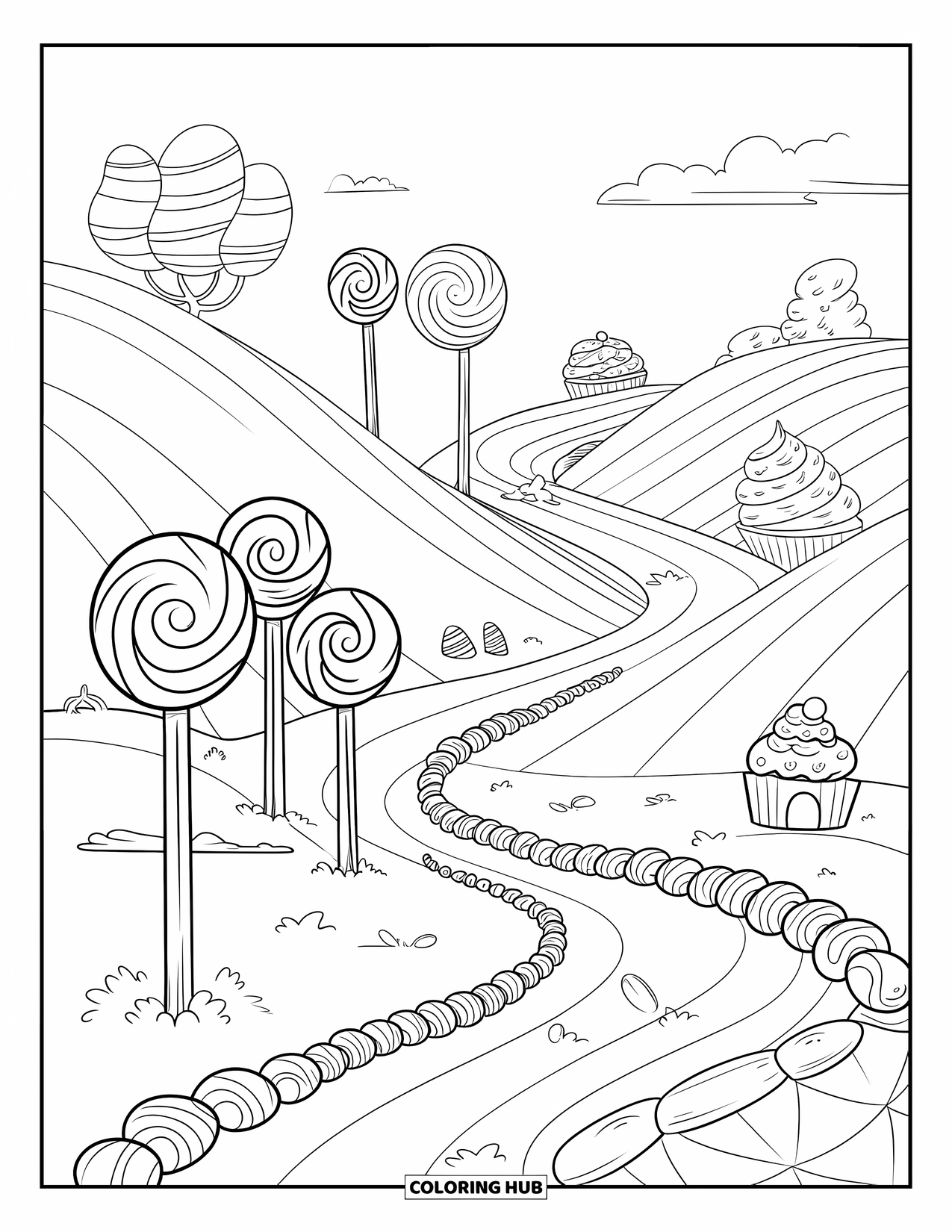 Lolly Kleurplaat voor Volwassenen: Een landschap met snoep thema met lollybomen en een kronkelpad dat naar een cupcake huis leidt