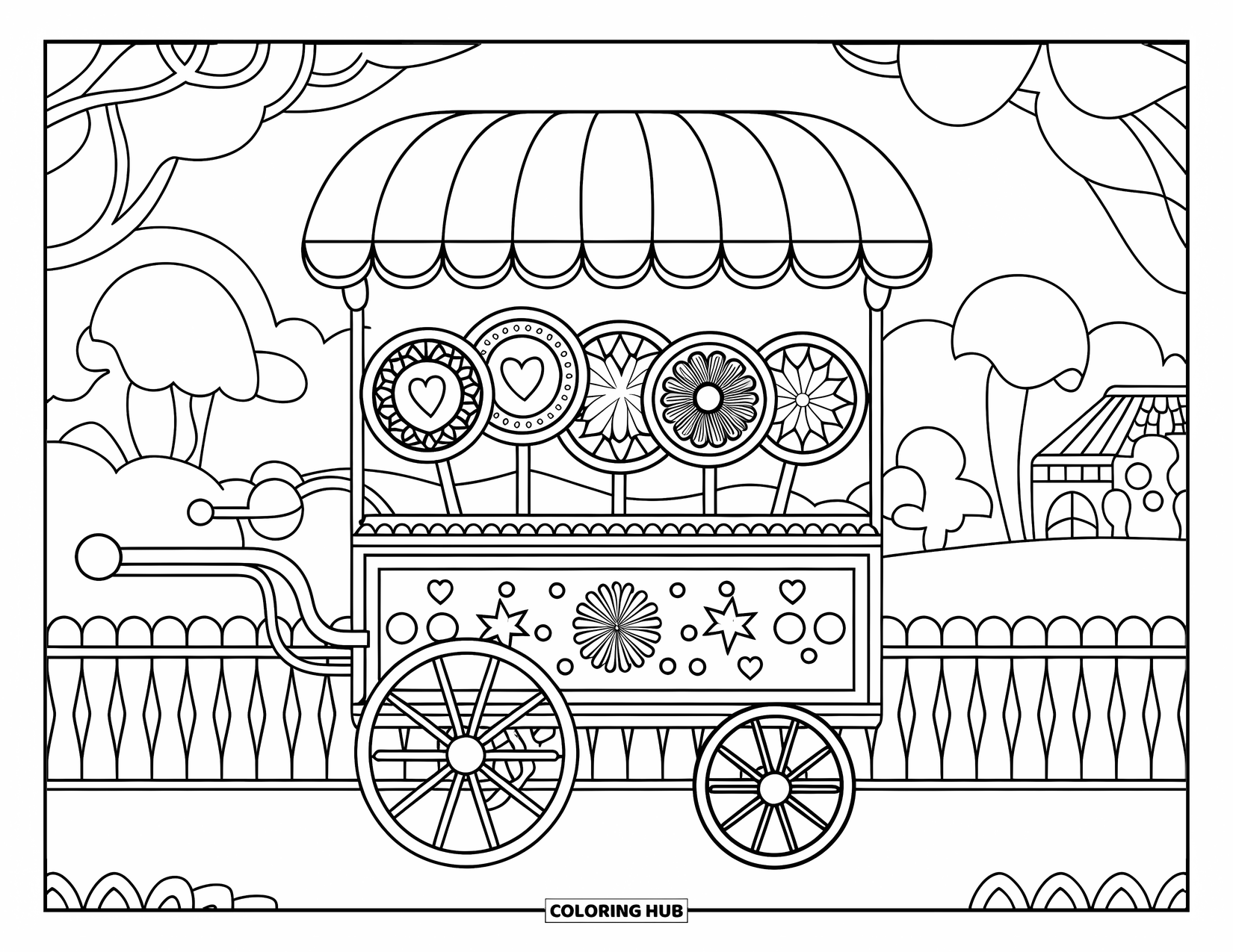 Lolly Kleurplaat voor Volwassenen: Een klassieke snoepkar met lolly's met patroon, tegen een sereen landschap