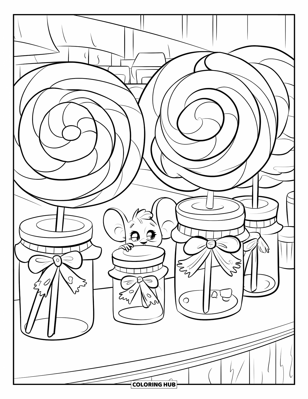 Lolly Kleurplaat voor Volwassenen: Een gezellige snoepwinkel met een kleine muis die enthousiast naar een lolly reikt