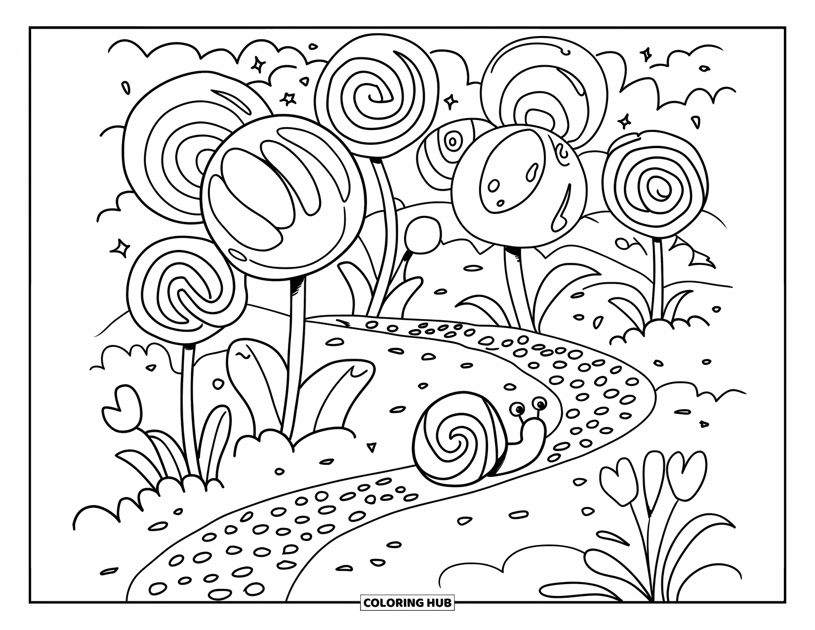 Lolly Kleurplaat voor Volwassenen: Een schattige slak die een grillige tuin verkent vol bloeiende lollybloemen