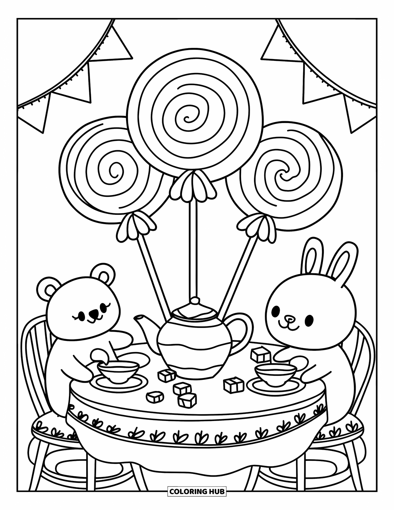 Lolly Kleurplaat voor Volwassenen: Een schattige theekransje opstelling met lolly middelpuntstukken en een speelse sfeer