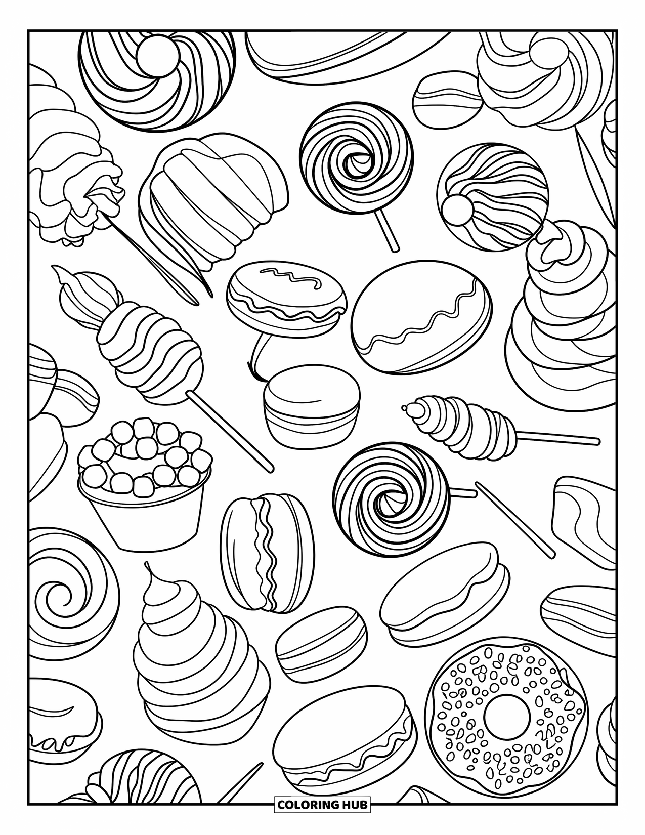 Lolly Kleurplaat voor Volwassenen: Een gedetailleerd patroon van diverse snoepjes, waaronder macarons, cupcakes en gewervelde lolly's