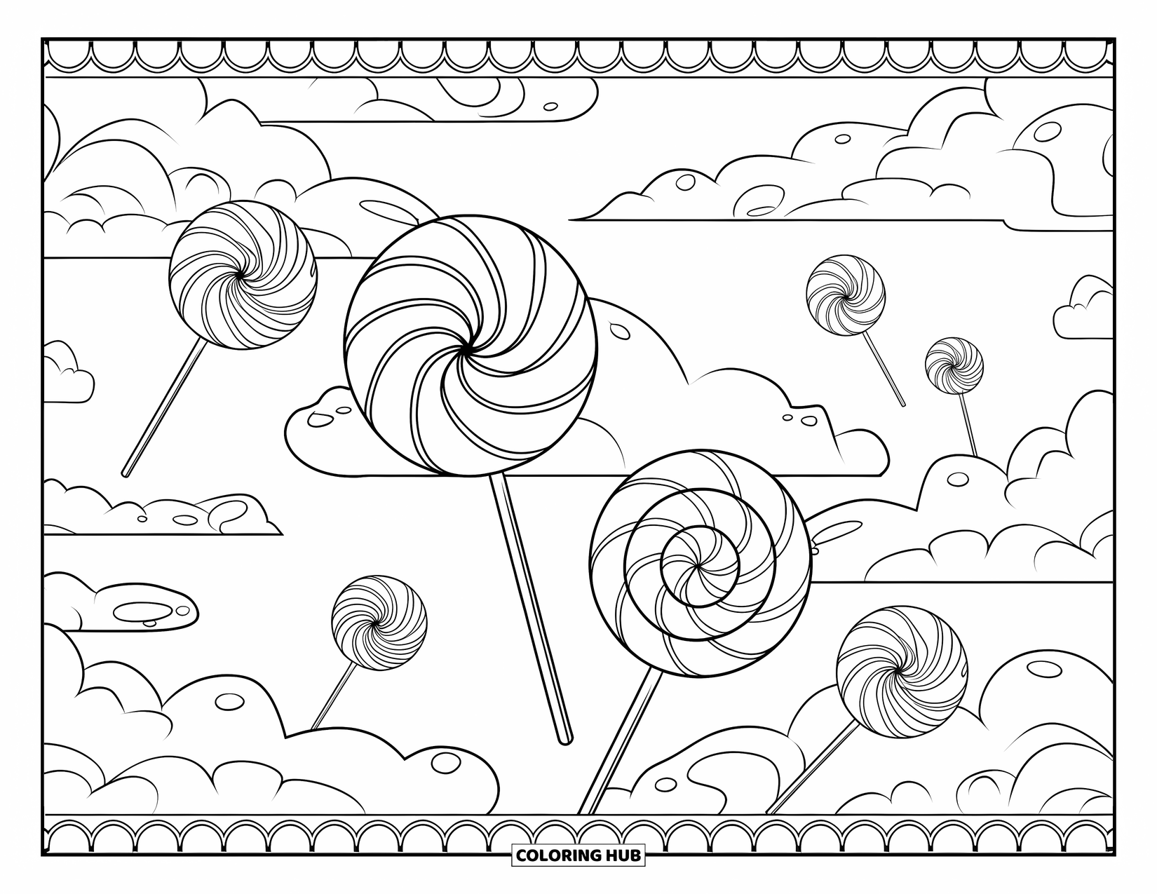 Lolly Kleurplaat voor Volwassenen: Een dromerig snoepwolkenlandschap met wervelende details en zwevende lolly's in de lucht