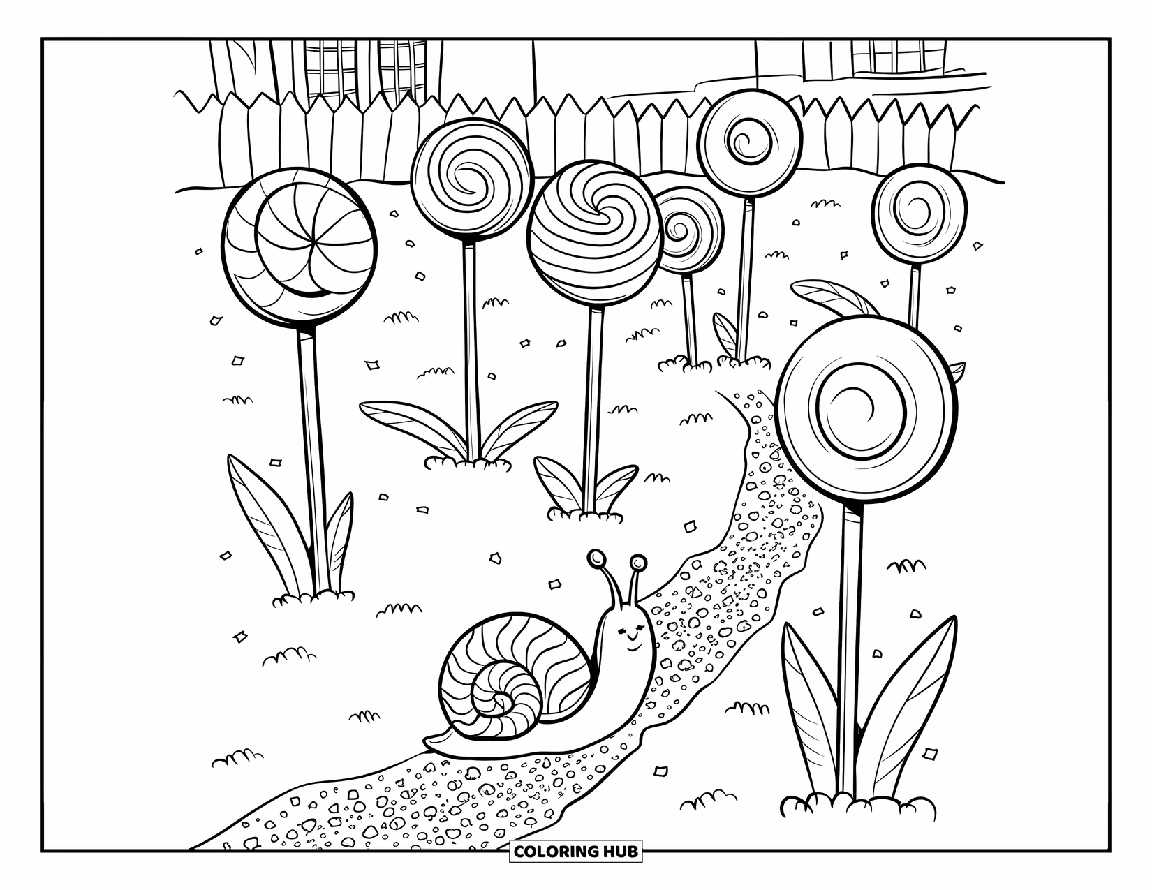 Lolly Kleurplaat voor Volwassenen: Een dromerige lollytuin met snoepvormige bomen en een kleine slak op een zoet pad