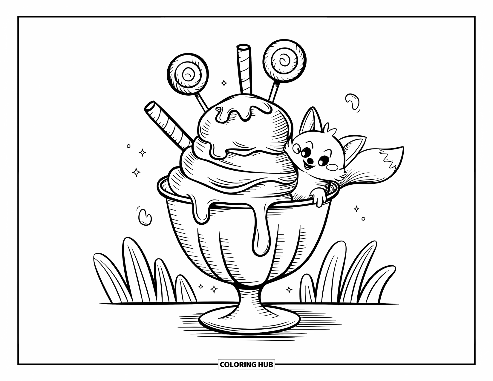 Lolly Kleurplaat voor Volwassenen: Een gigantische ijscoupe gegarneerd met lolly's, met een kleine vos die ernaar reikt