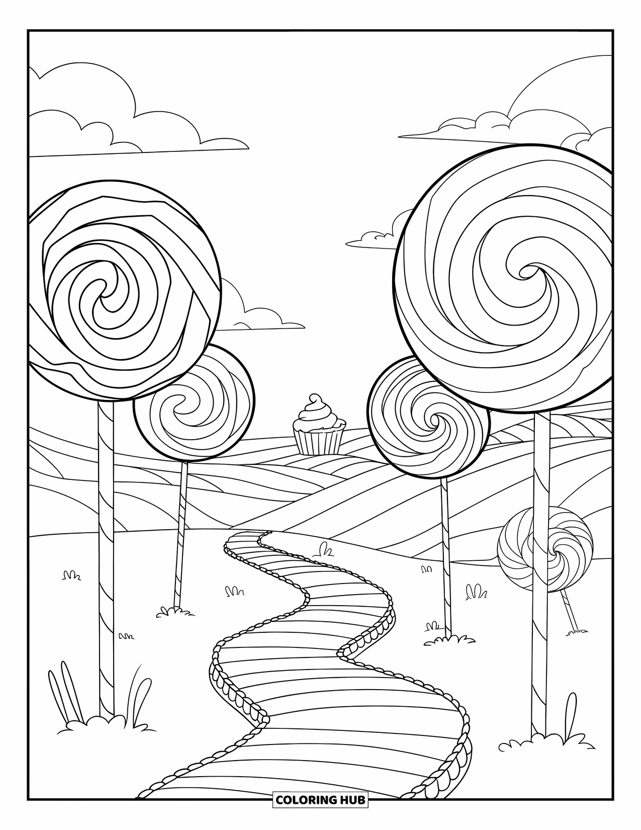 Lolly Kleurplaat voor Volwassenen: Een magische snoepwereld met lollybomen, snoeppaden en een klein cupcake huis