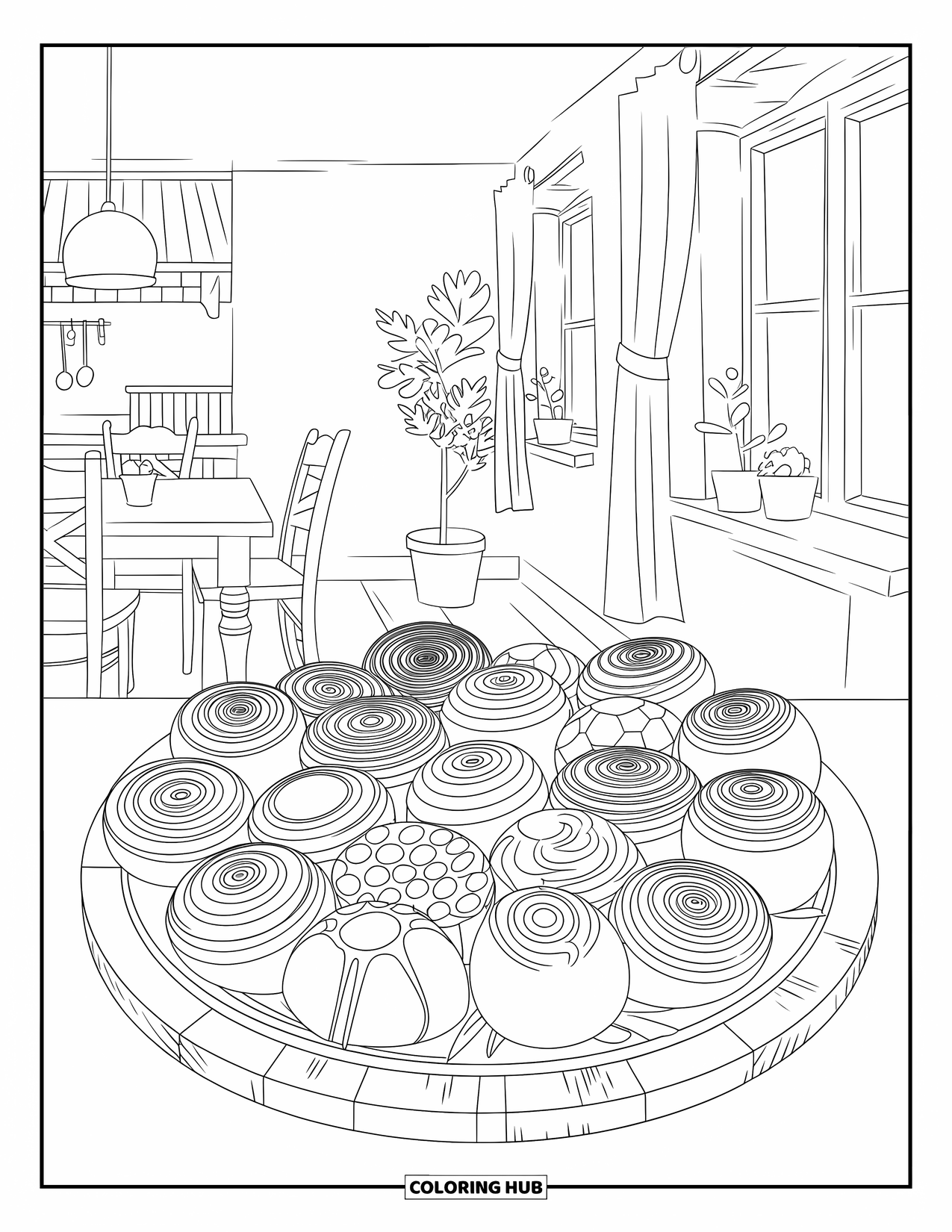 Lolly Kleurplaat voor Volwassenen: Een mozaïek van snoepjes in een gezellige keuken met rustieke elementen en warme details