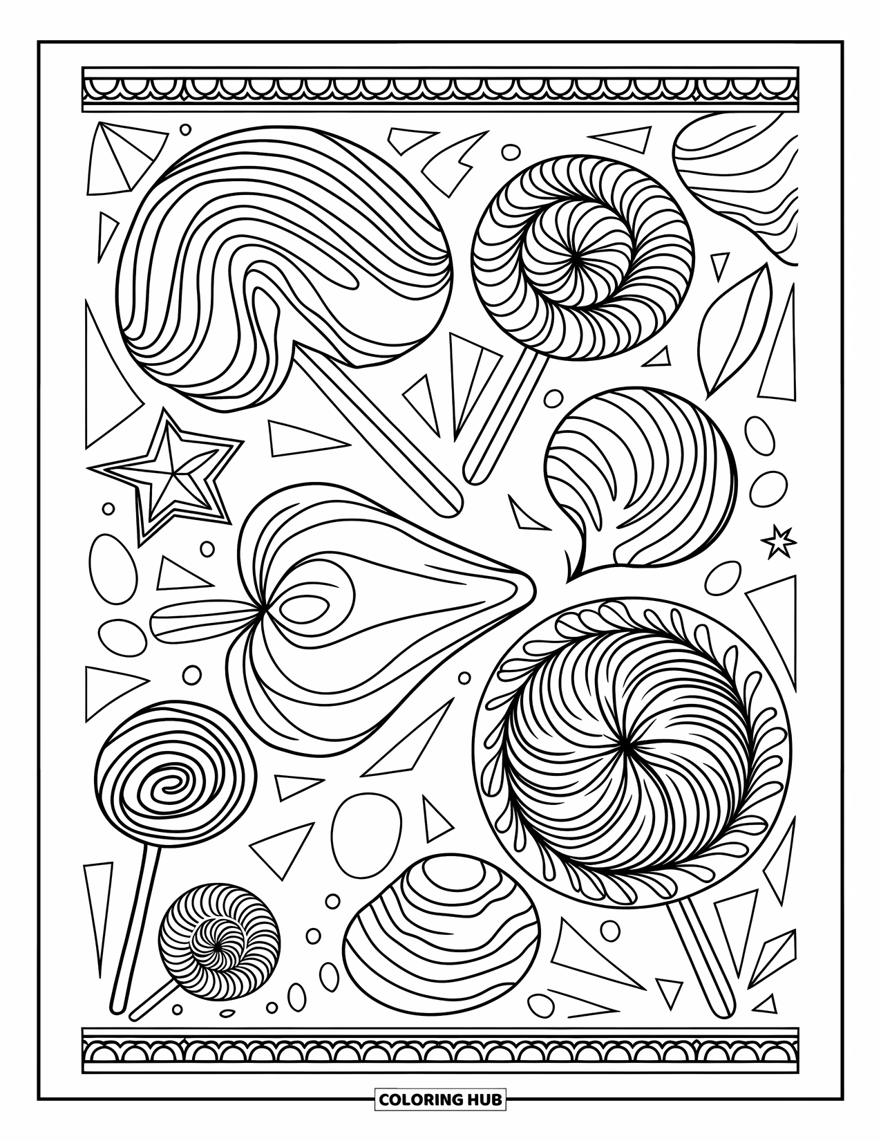 Lolly Kleurplaat voor Volwassenen: Een ontspannend lollypatroon gevuld met artistieke details en wervelende vormen