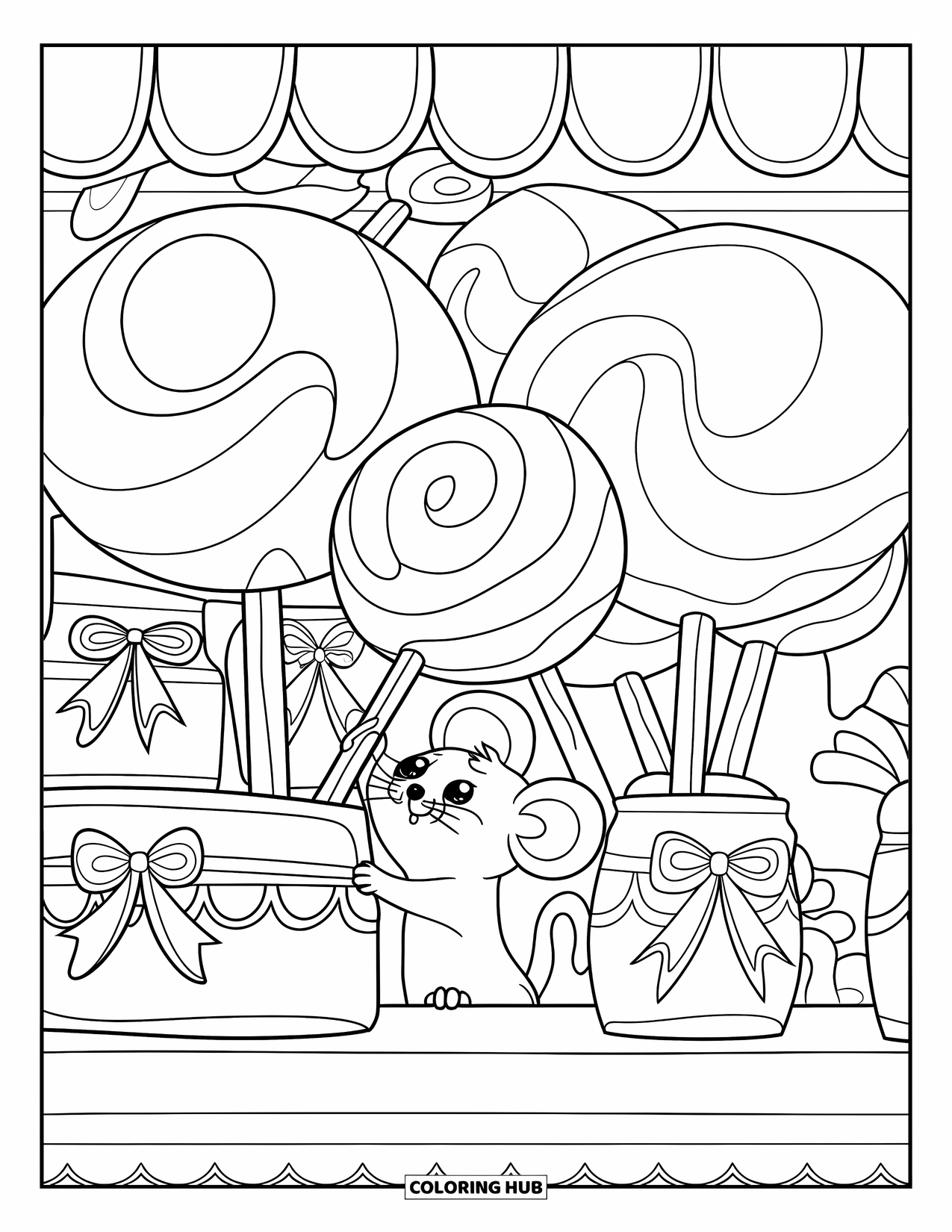 Lolly Kleurplaat voor Volwassenen: Een kleine muis die over de toonbank gluurt en naar een lolly in een bakkerij reikt