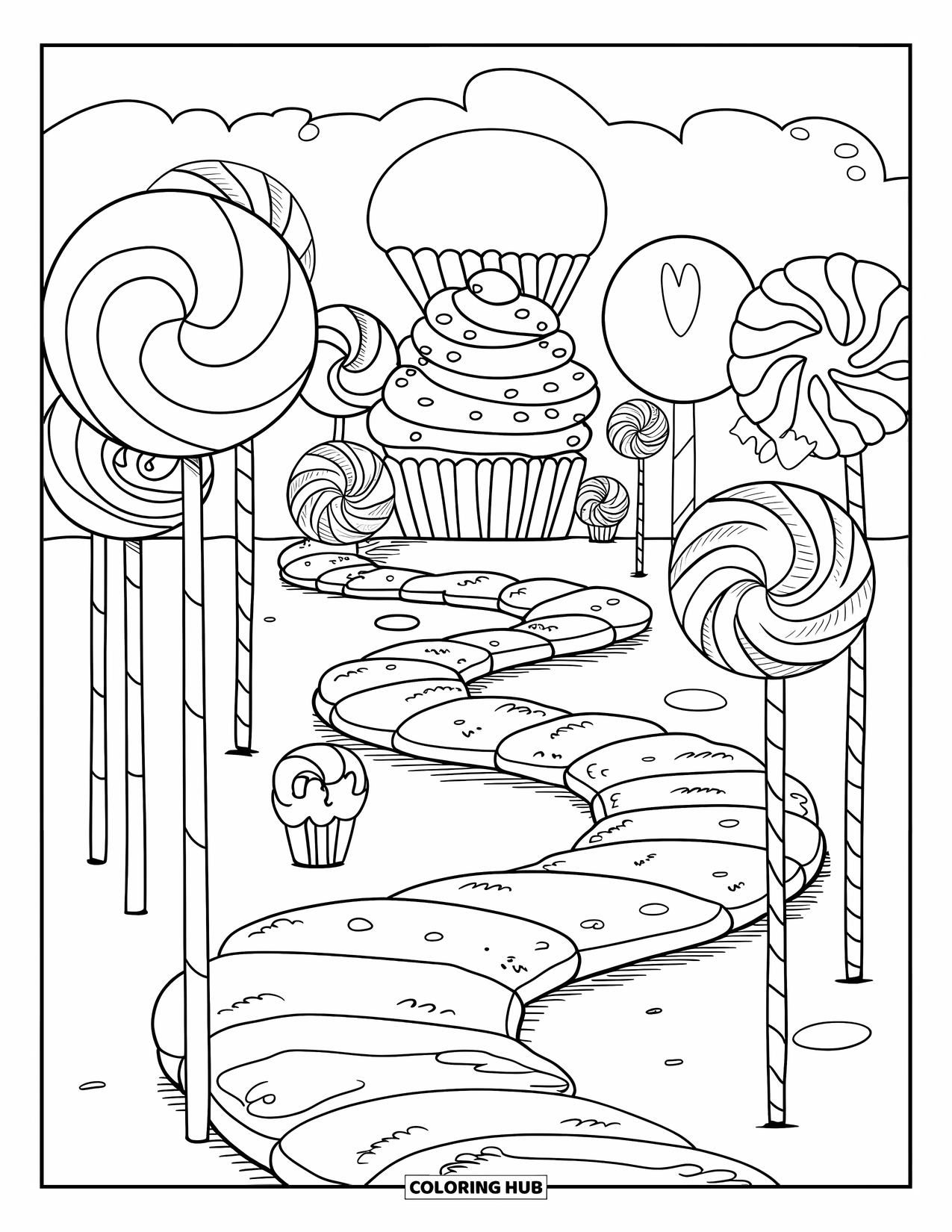 Lolly Kleurplaat voor Volwassenen: Een zoet droomlandschap met een snoeppad, lollybomen en een cupcake huis