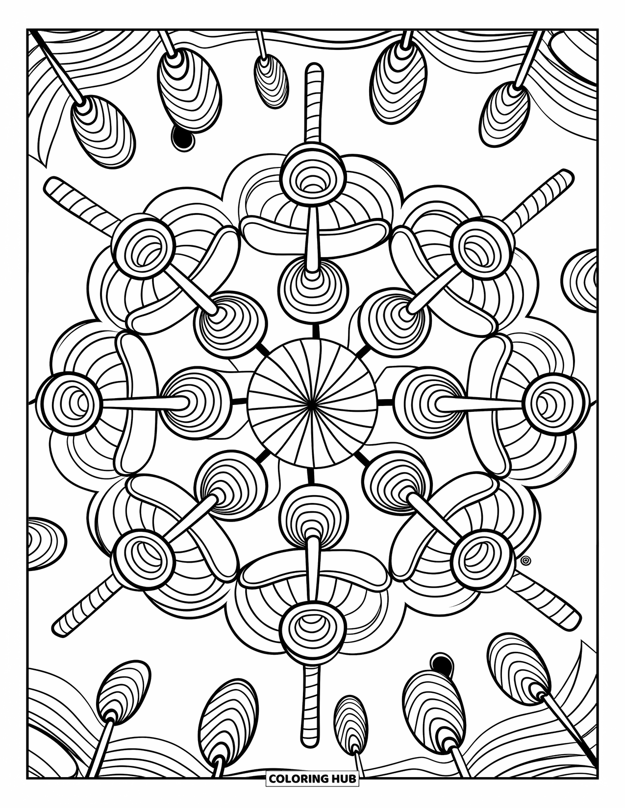 Lolly Kleurplaat voor Volwassenen: Een artistieke mandala gevuld met ingewikkelde lollypatronen, waardoor een ontspannend ontwerp ontstaat