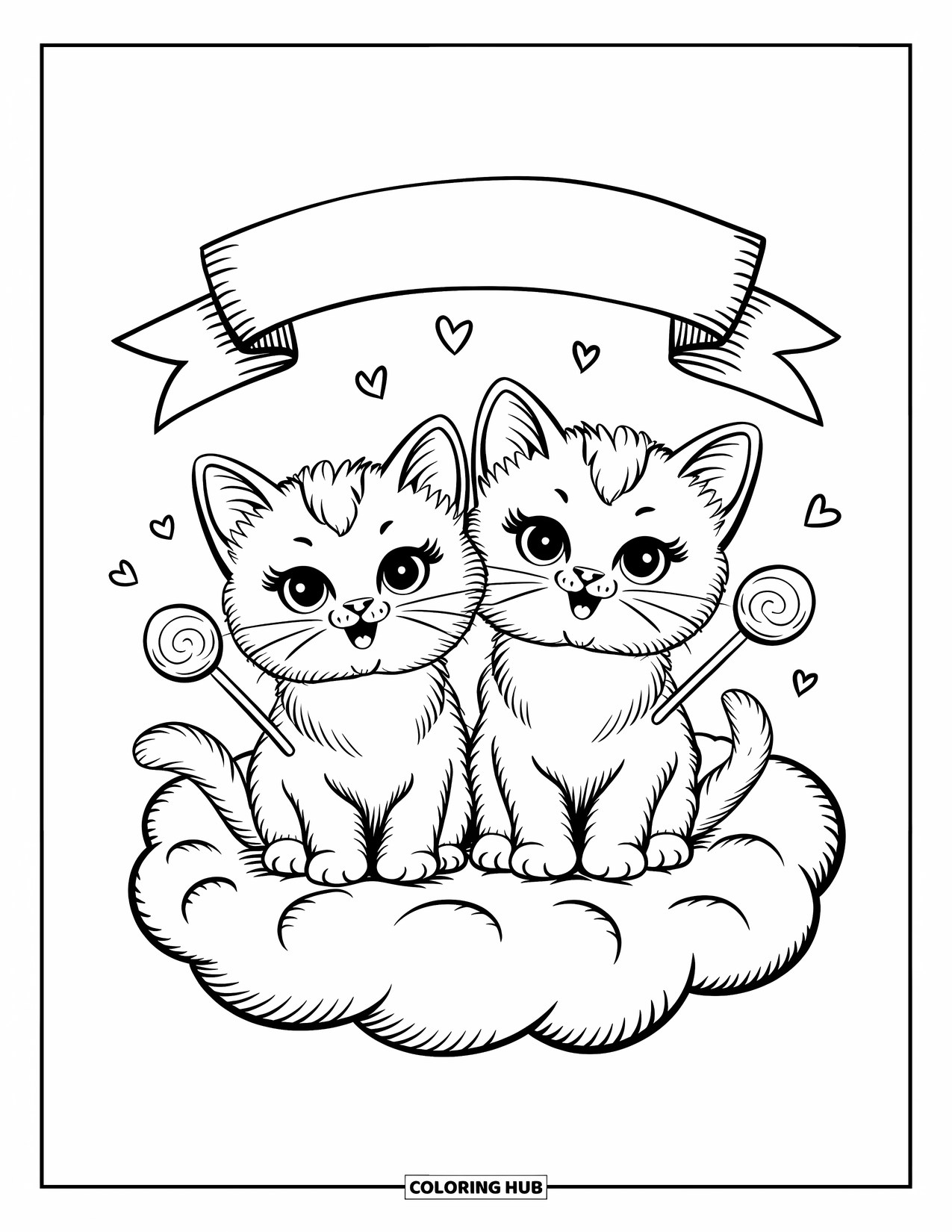 Lolly Kleurplaat voor Volwassenen: Twee grote ogen kittens met lolly's, zittend op een zachte wolk onder een hartbanner