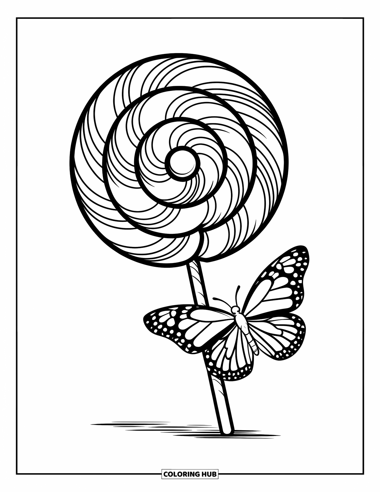 Lolly Kleurplaat voor Kinderen: Een prachtig gewervelde lolly met een delicate vlinder die op de houten stok rust