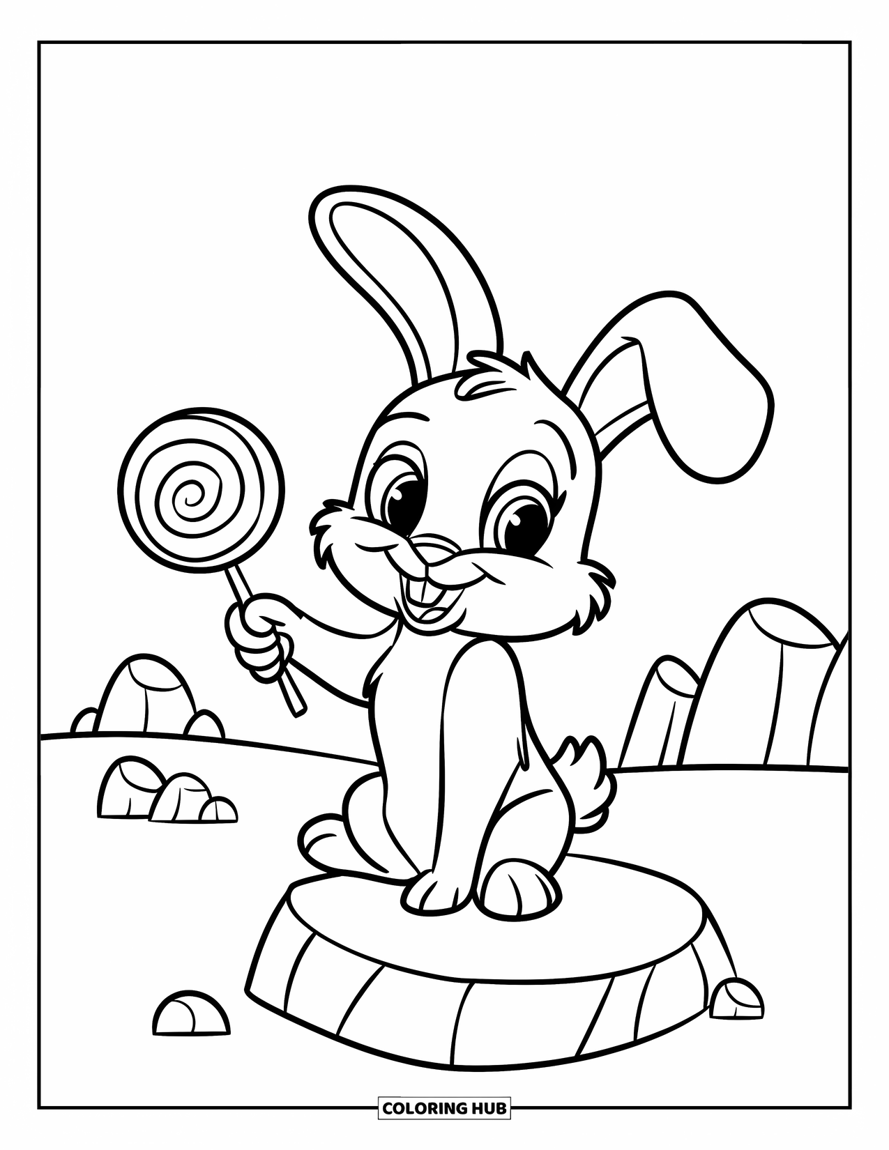 Lolly Kleurplaat voor Kinderen: Een konijntje dat op een rots zit en vrolijk een lolly in één poot vasthoudt