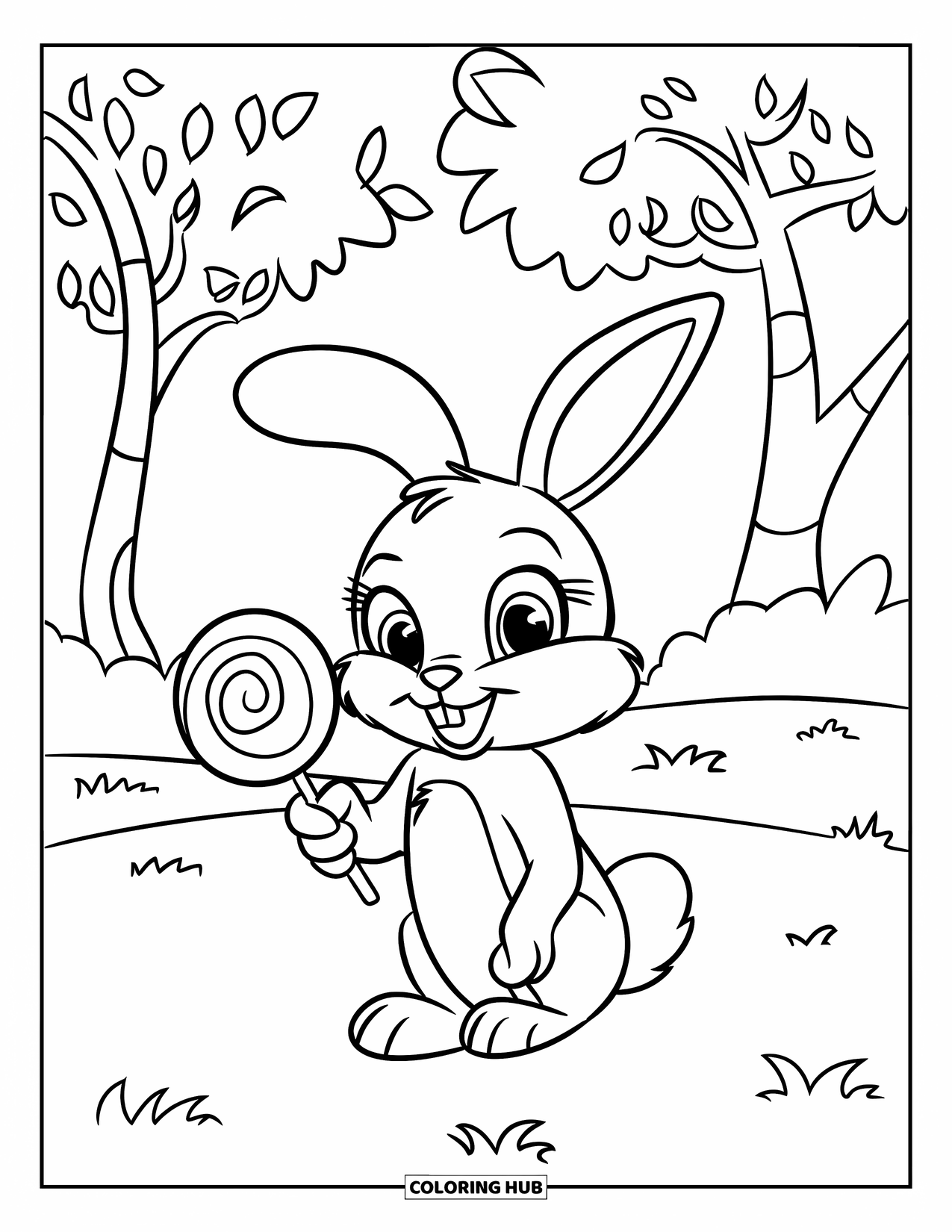 Lolly Kleurplaat voor Kinderen: Een konijntje dat op het gras zit, een lolly vasthoudt, met bomen op de achtergrond