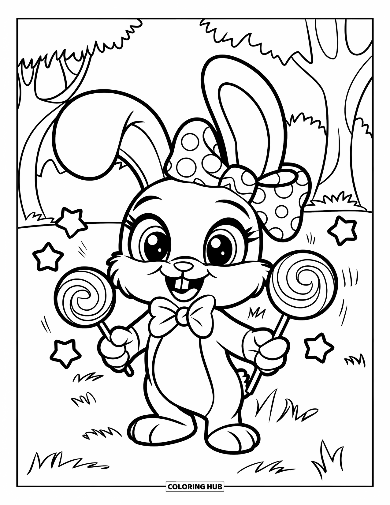 Lolly Kleurplaat voor Kinderen: Een konijntje met een strik dat twee lolly's vasthoudt, staand in een grasveld met bomen