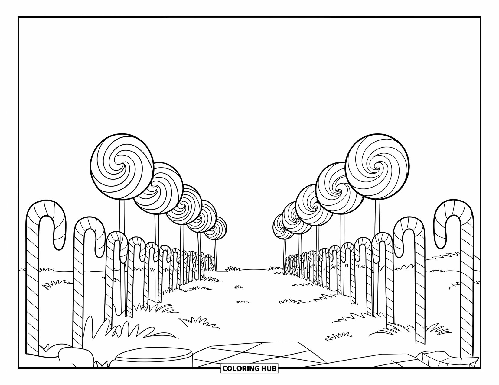 Lolly Kleurplaat voor Kinderen: Een snoeptuin met een rij lolly's en een snoepgoed hek aan beide kanten