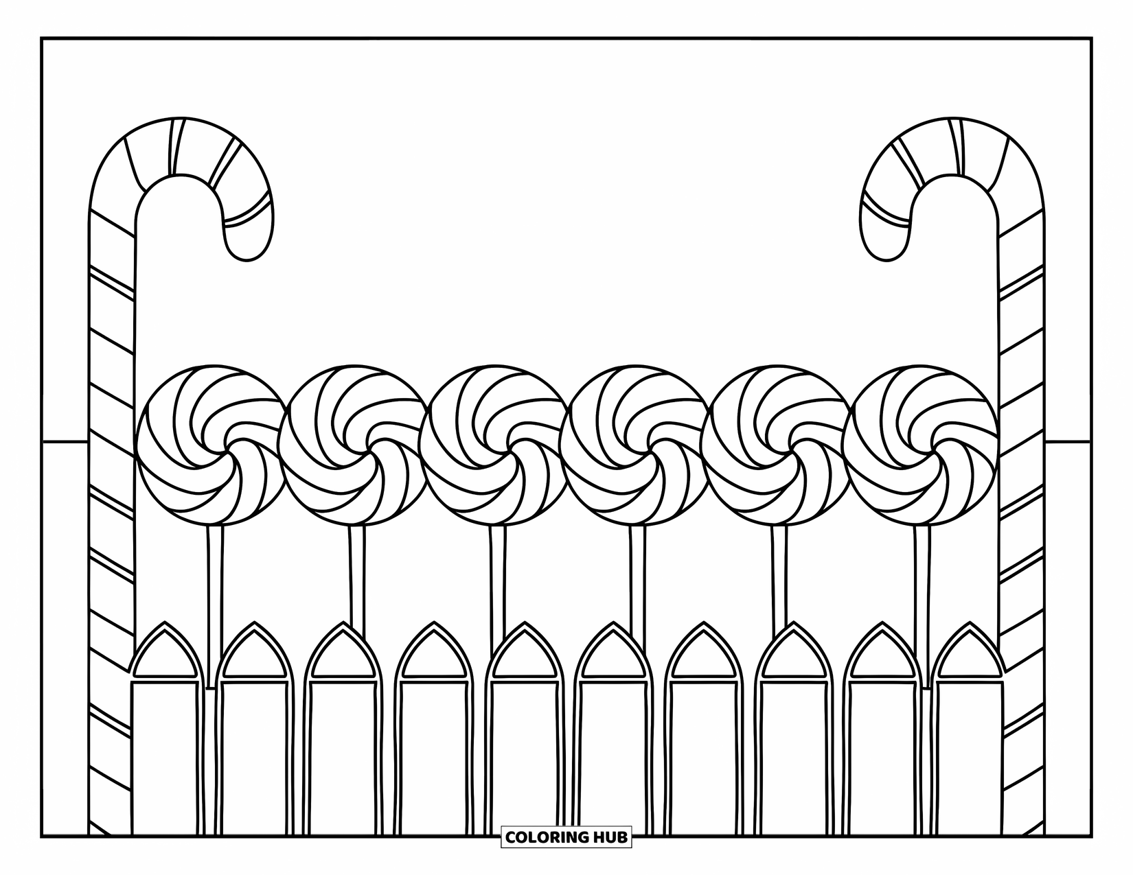 Lolly Kleurplaat voor Kinderen: Een snoeptuin met kleurrijke lolly's op een rij tussen twee snoepgoed hekken