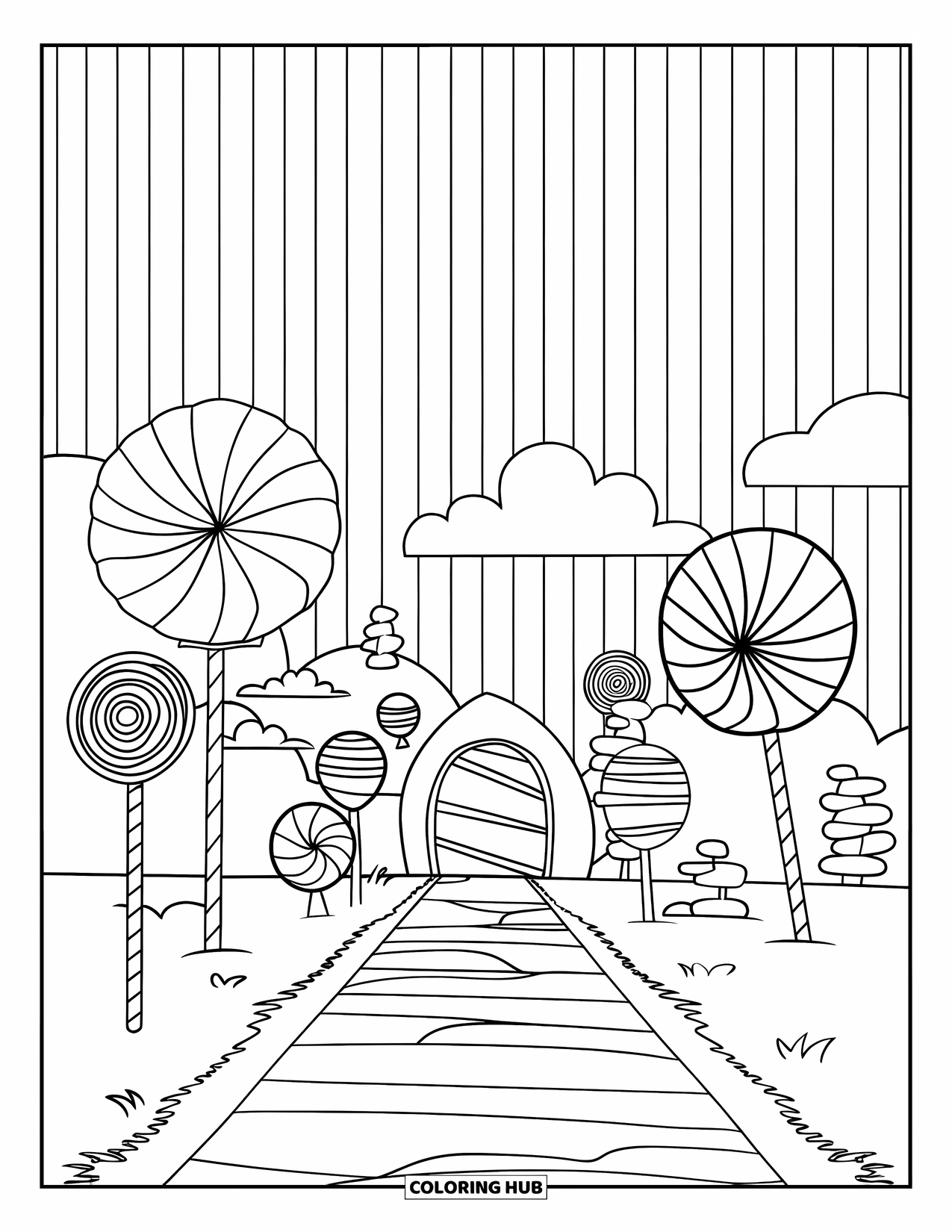 Lolly Kleurplaat voor Kinderen: Een snoepjesland met lollybomen, een winegum pad en een snoepgoed gestreepte hemel