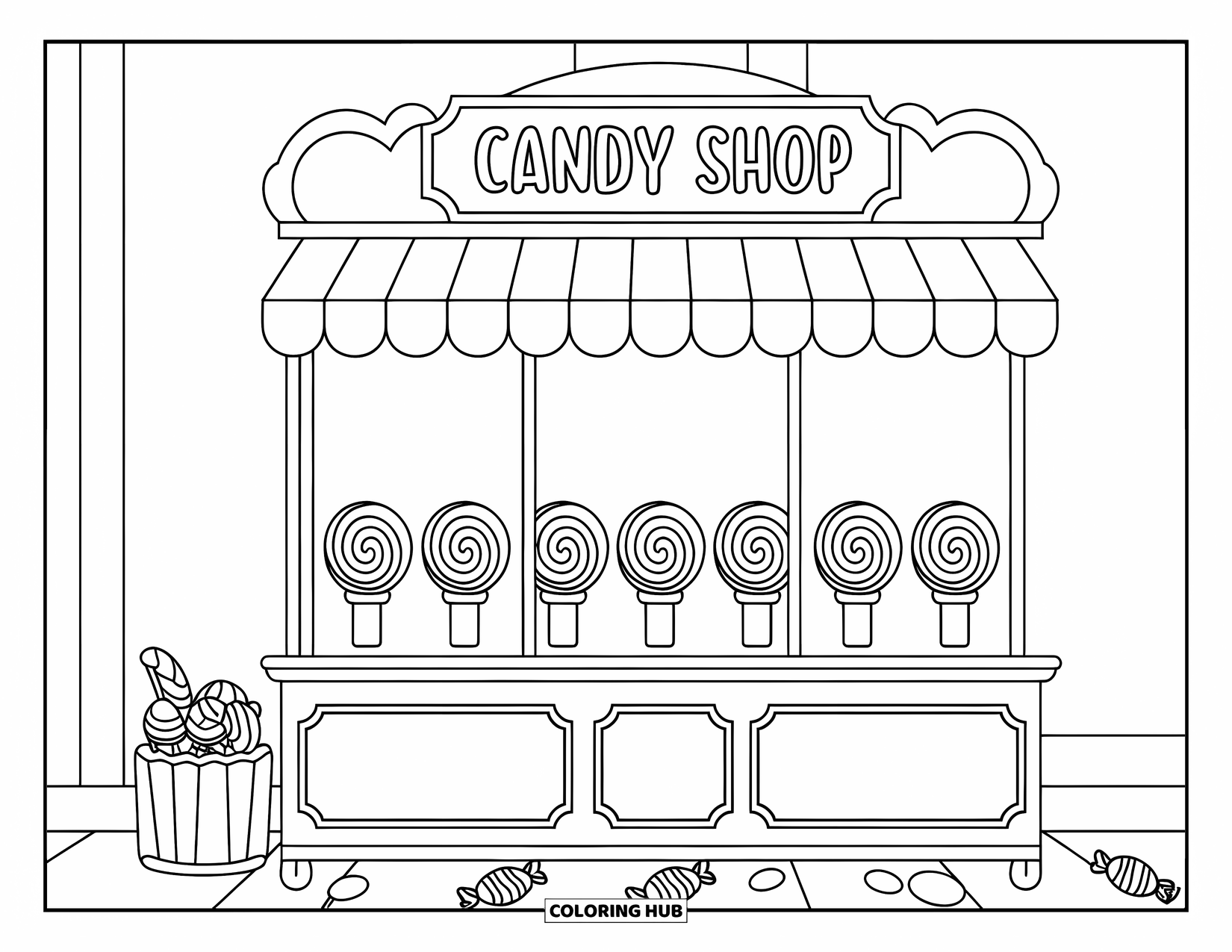 Lolly Kleurplaat voor Kinderen: Een snoepwinkelstandaard met lolly's in potten, met een bord met de tekst "Candy Shop"