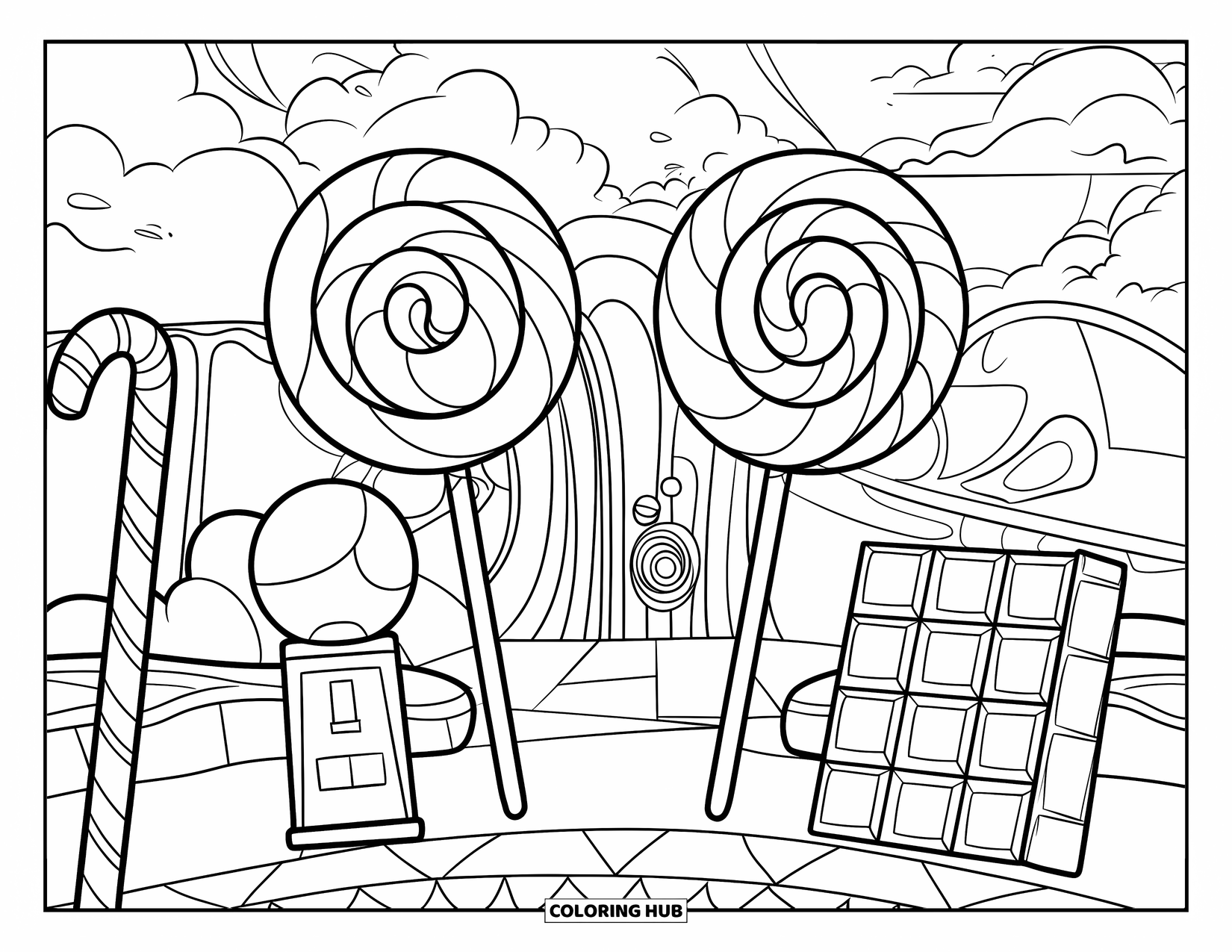 Lolly Kleurplaat voor Kinderen: Een snoep-thema wereld met torenhoge lolly's, snoepgoed palen en een kauwgomballenautomaat