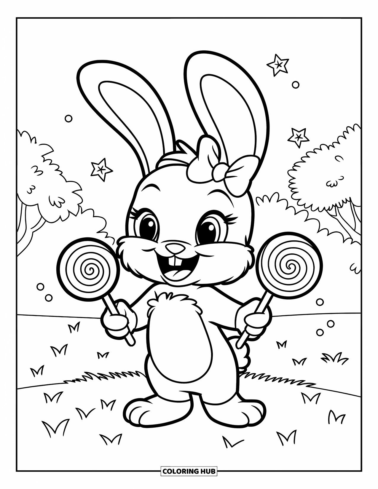 Lolly Kleurplaat voor Kinderen: Een vrolijk konijntje dat lolly's vasthoudt, omringd door snoepsterren, met bomen op de achtergrond