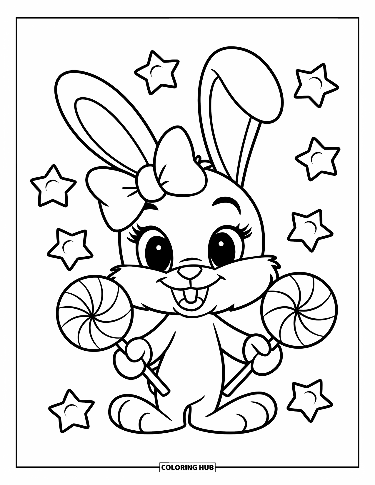 Lolly Kleurplaat voor Kinderen: Een vrolijk konijntje met een strik dat twee lolly's vasthoudt, omringd door snoepsterren