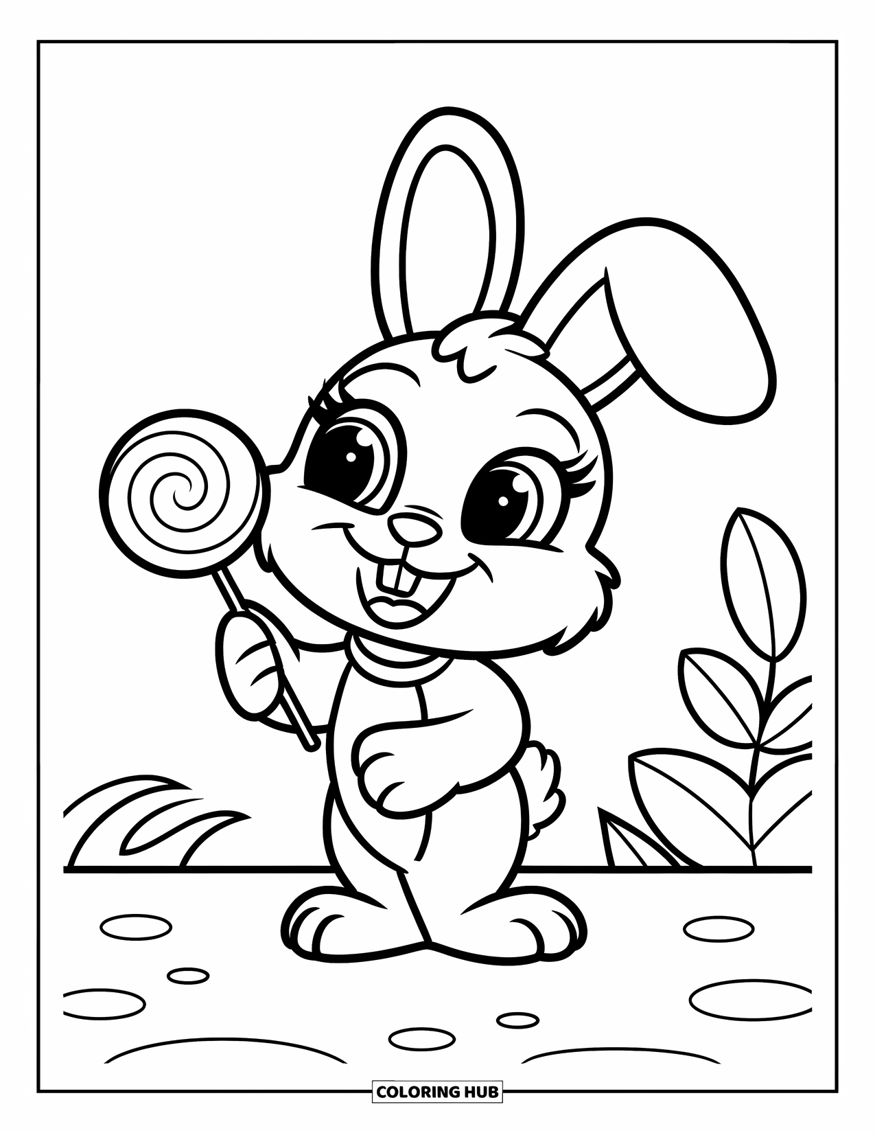 Lolly Kleurplaat voor Kinderen: Een vrolijk konijntje met een ronde kraag, dat een lolly vasthoudt, omringd door een paar bladeren