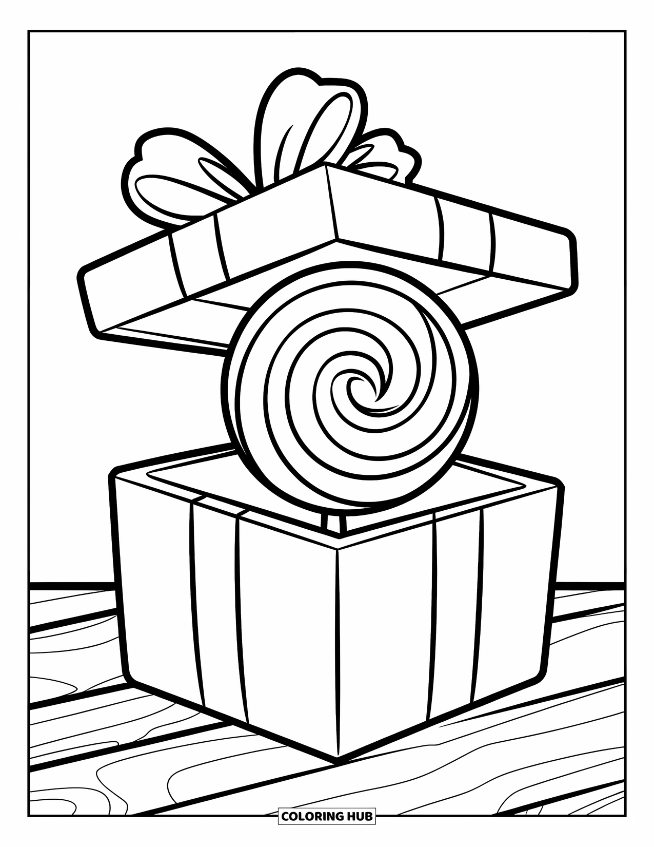 Lolly Kleurplaat voor Kinderen: Een vrolijke geschenkdoos met een grote lolly erin, bekroond met een lachende strik