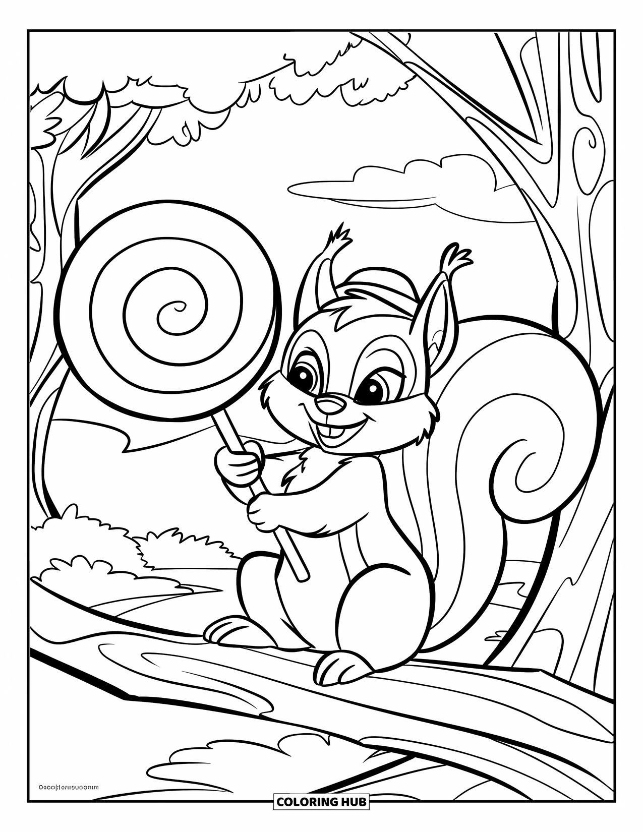 Lolly Kleurplaat voor Kinderen: Een vrolijke eekhoorn met een hoed, genietend van een lolly terwijl hij op een boomtak zit