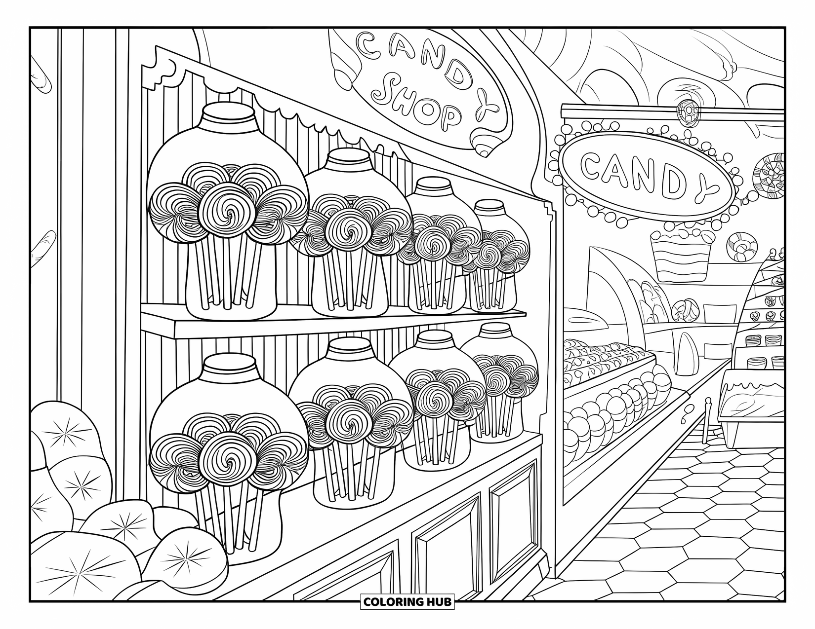 Lolly Kleurplaat voor Kinderen: Een klassieke snoepwinkel vol snoep, een groot raam en een bloemenbak