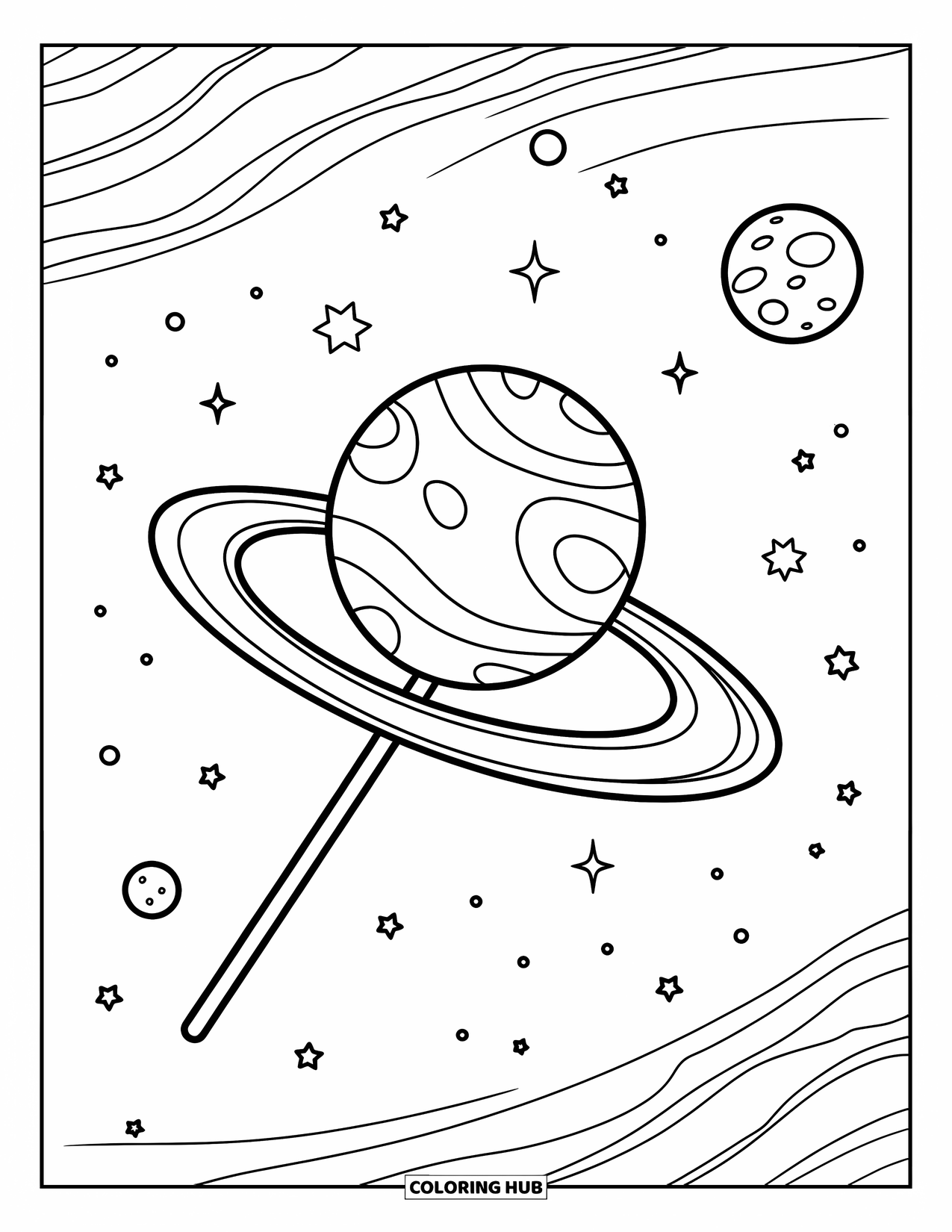 Lolly Kleurplaat voor Kinderen: Een kosmische lolly die door de ruimte zweeft, omringd door kleine planeten en sterren