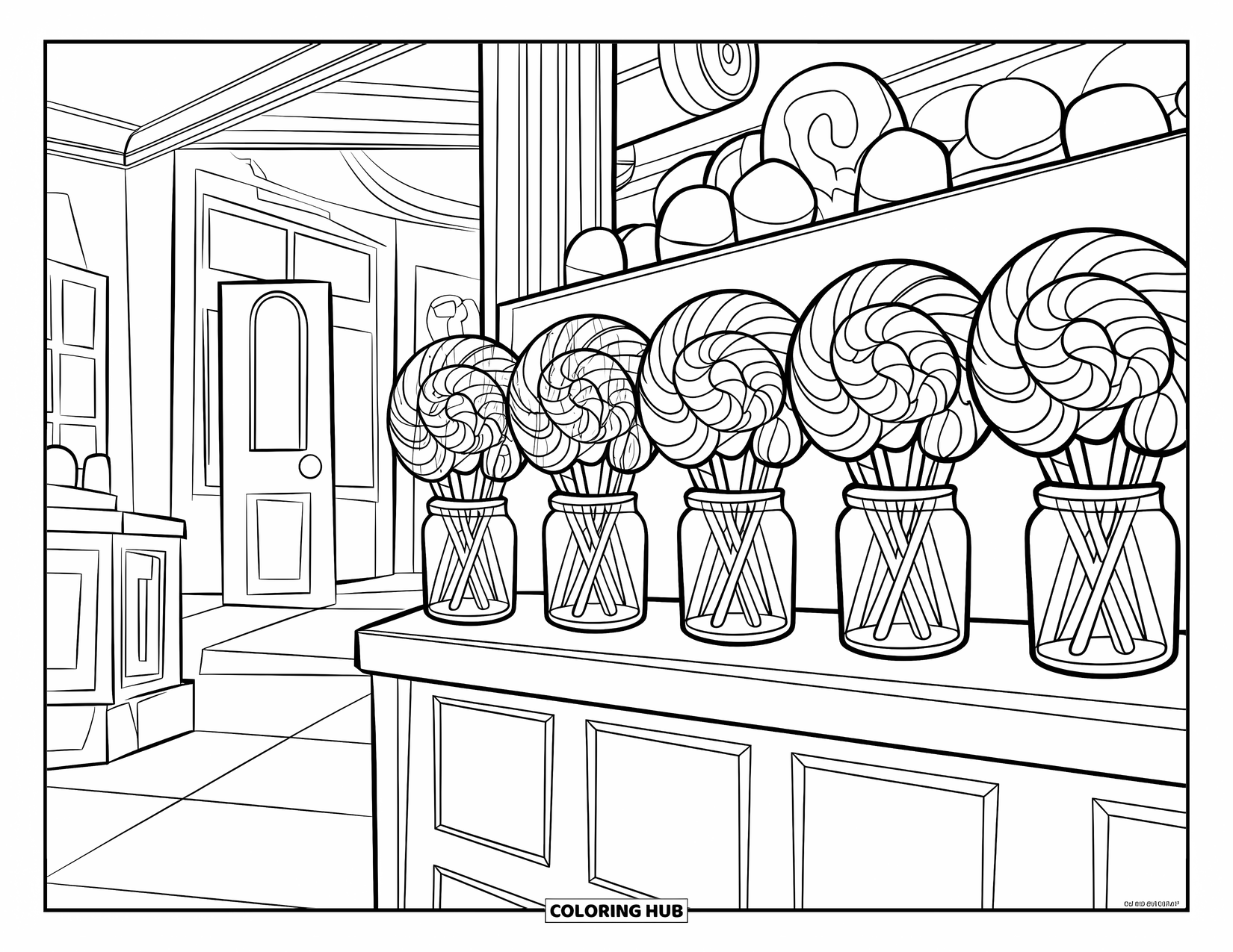 Lolly Kleurplaat voor Kinderen: Een gezellige snoepwinkel met schappen vol lollypotten en een gastvrije sfeer