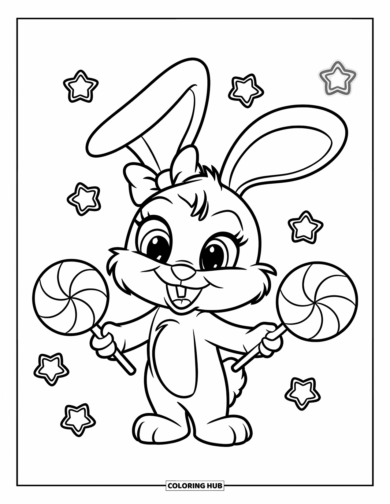 Lolly Kleurplaat voor Kinderen: Een schattig konijntje met een strik, dat vrolijk lolly's vasthoudt en omringd is door zwevende snoepsterren