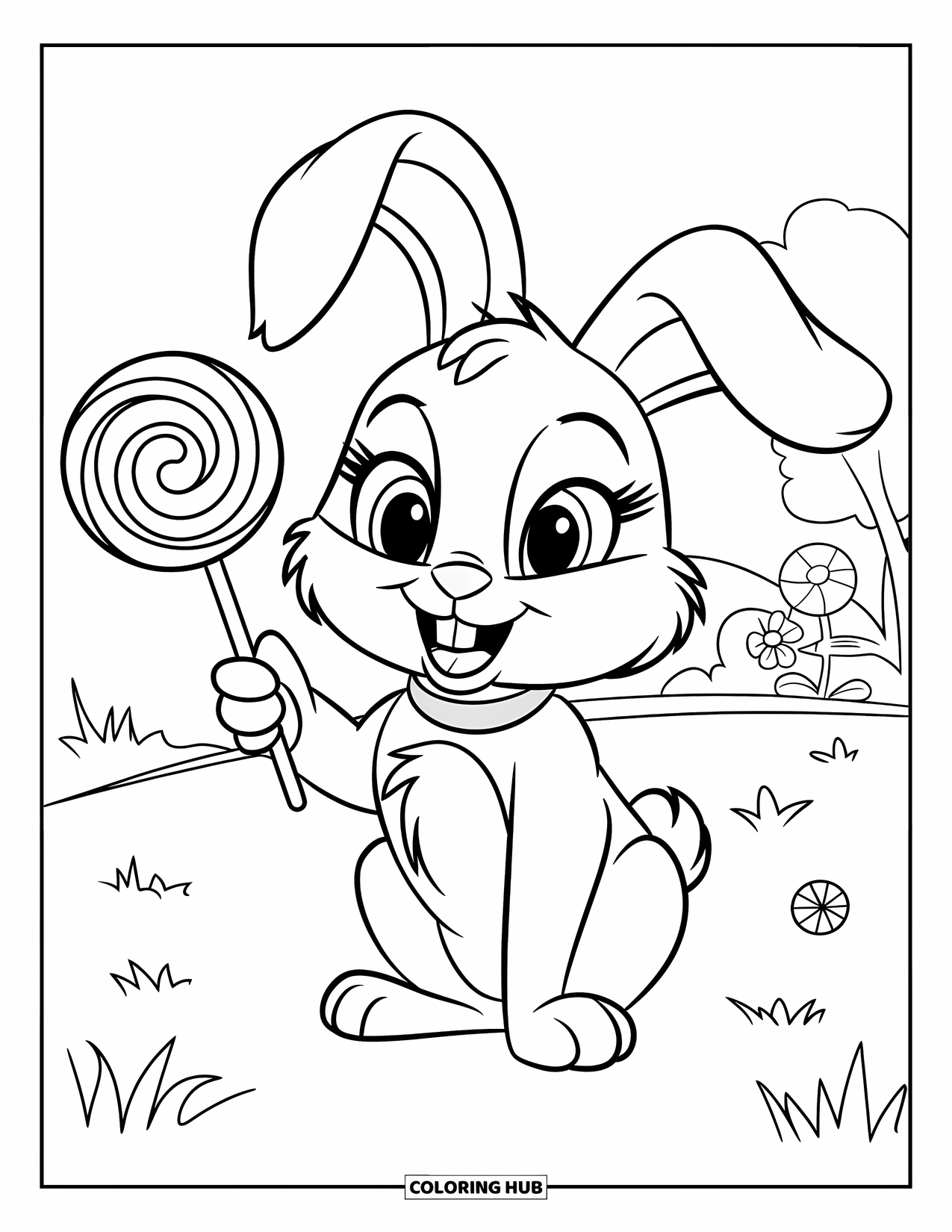 Lolly Kleurplaat voor Kinderen: Een schattig konijntje met grote ogen en een halsband, dat een lolly vasthoudt in een grasveld