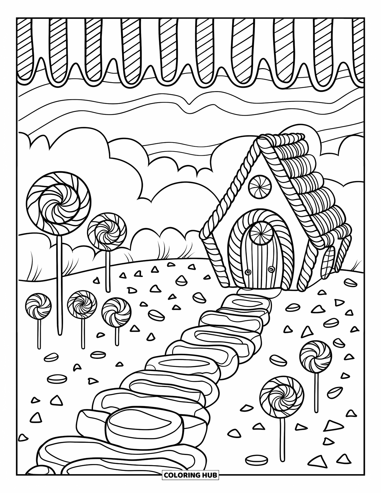 Lolly Kleurplaat voor Kinderen: Een fantasie snoepjesland met een pepermunt huis, winegum pad en lollybomen